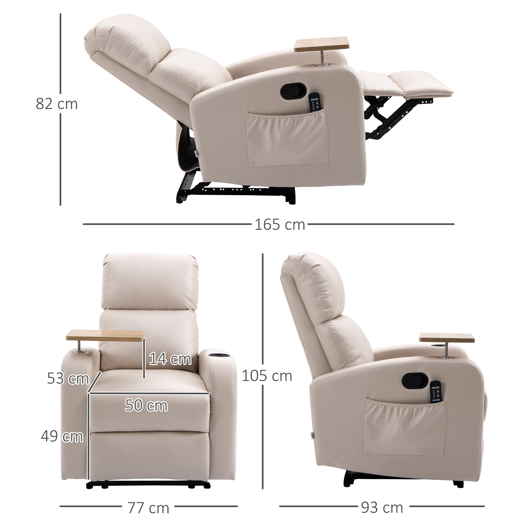 HOMCOM Massagestoel Relaxstoel Ligstoel, 1 Opklaptafel, 1 Voetensteun; 77 cm x 93 cm x 105 cm, Lichtgrijs