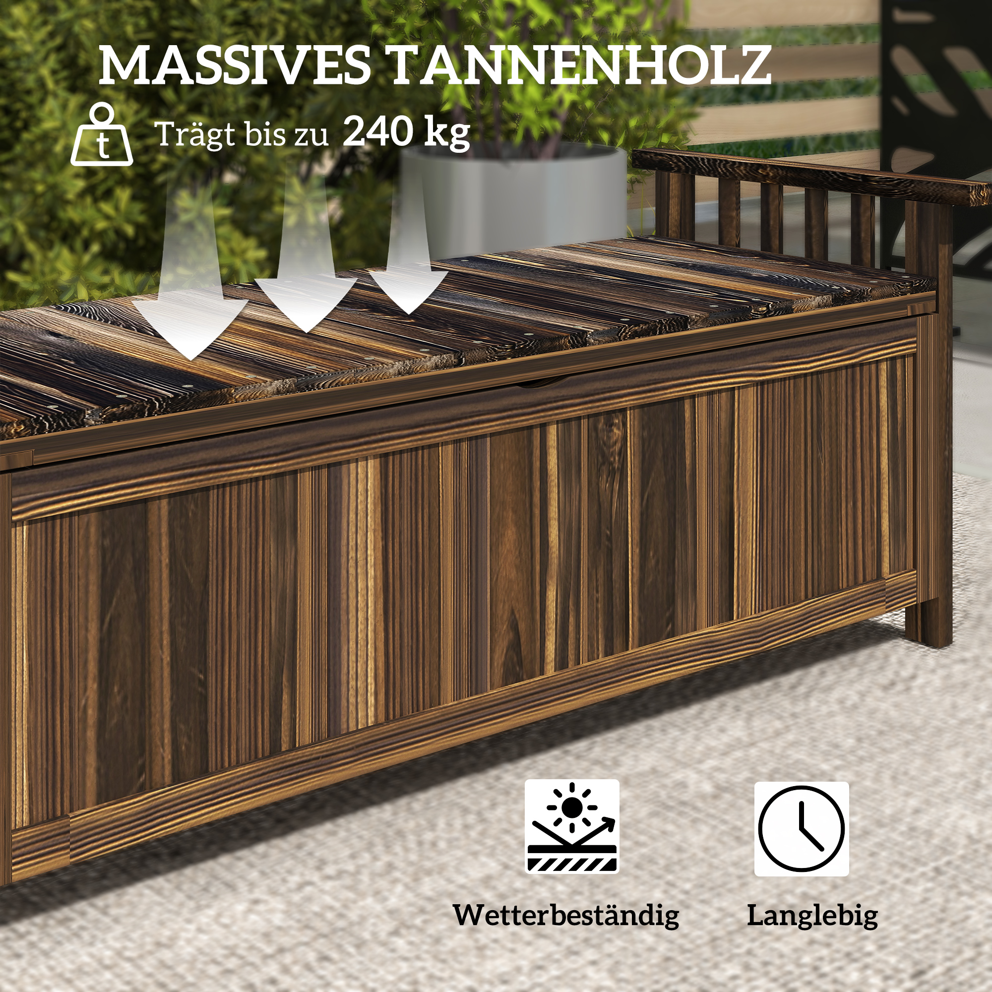 Outsunny 2-Zits Tuinbank van Hout met Weerbestendige Zitting, Tuinmeubilair met Opbergruimte en Armleuningen 128,5 x 56 x 53,5cm, Verkoold
