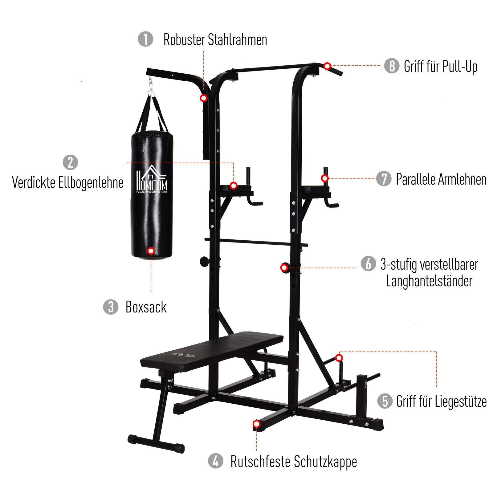 HOMCOM Krachtstation met optrekstang, multifunctioneel dipstation, trainingsapparaat voor thuis, met bokszak, fitness, staal, zwart, 180 x 183 x 219 cm dipstation multifunctionele bokszak opvouwbaar staal | Aosom.de