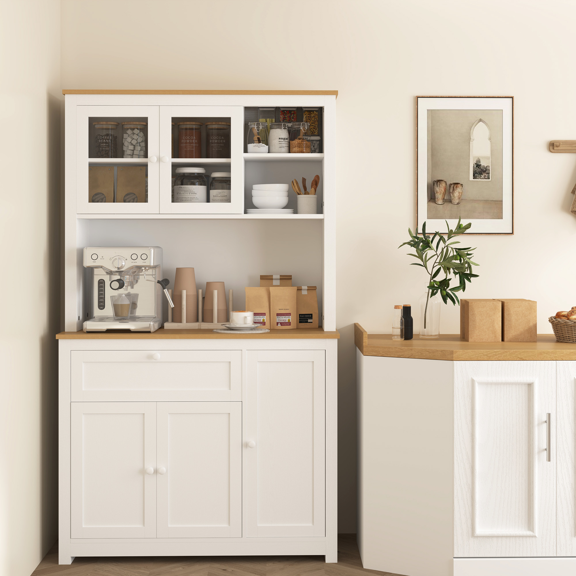 HOMCOM Landhuisstijl Keukenkast, 1 Vitrine, 1 Open Schap, 1 Lade, 2 Kasten, Natuur + Wit