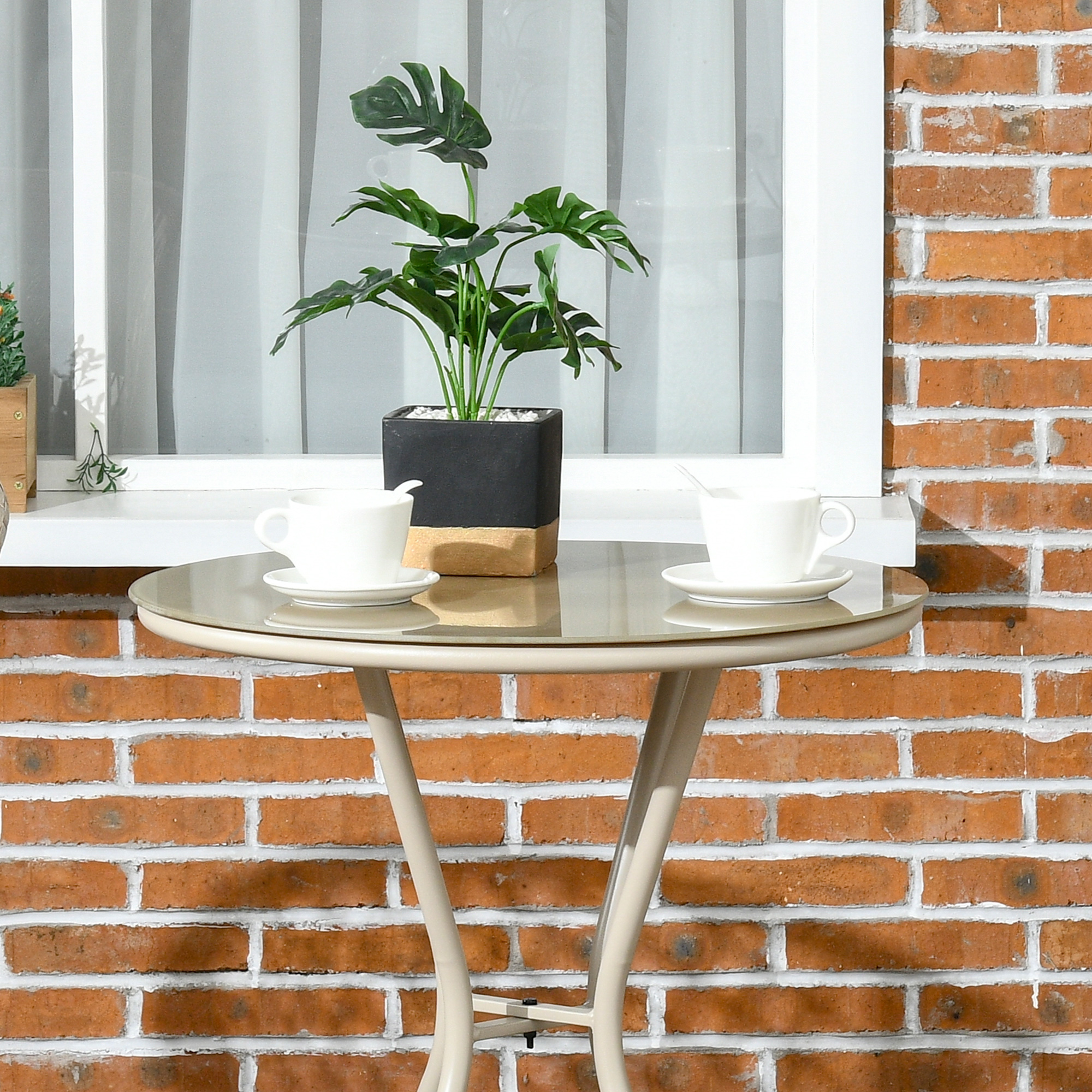 Outsunny Rattan Tuinmeubelset, 2 Stoelen en Tafel, Gehard Glas Tafelblad, PE Rattan, Zitkussens, Metalen Frame, Khaki