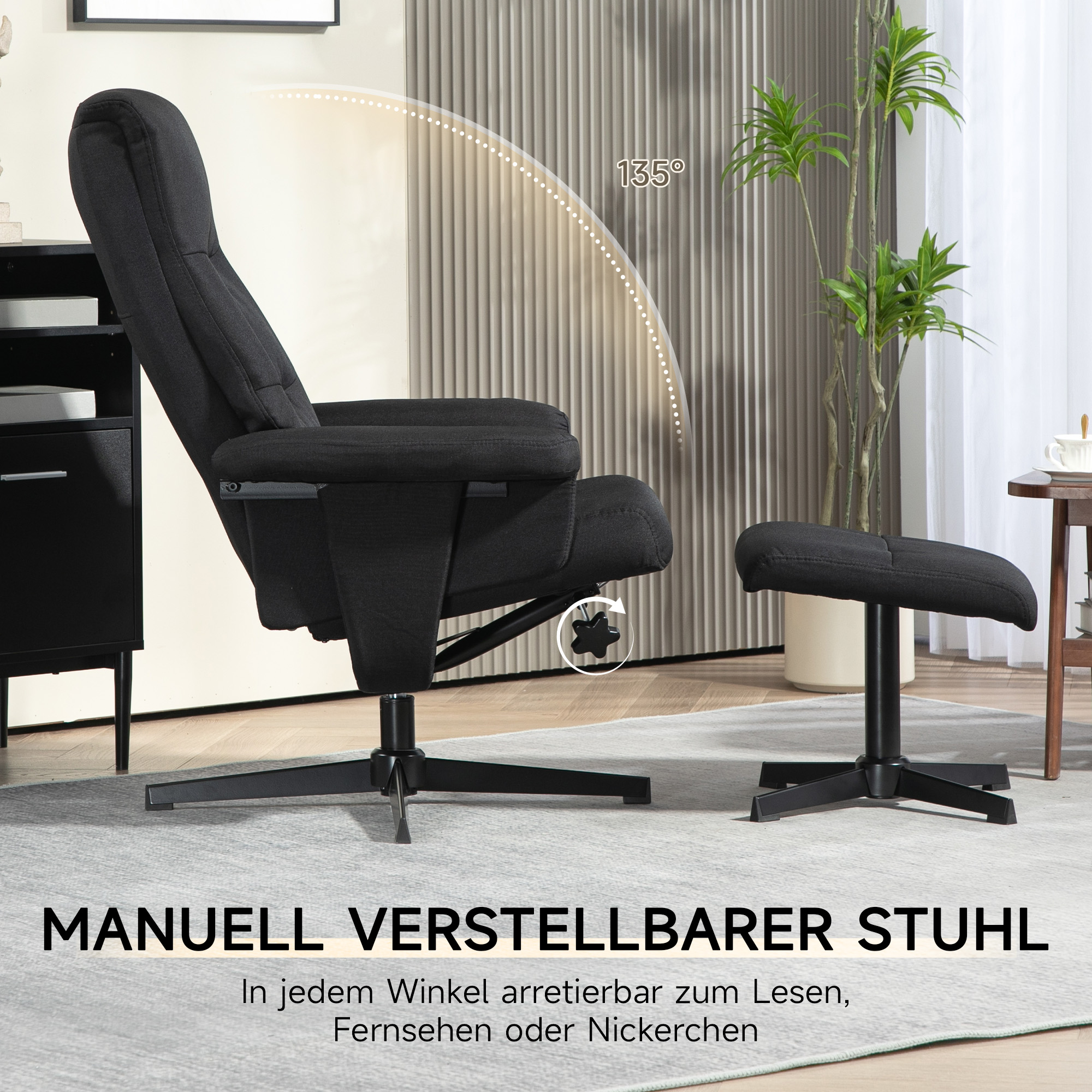 HOMCOM Draaibare Ligstoel met Voetenbank, Kantelfunctie, in Fluweel Look, Tot 150 kg, Zwart