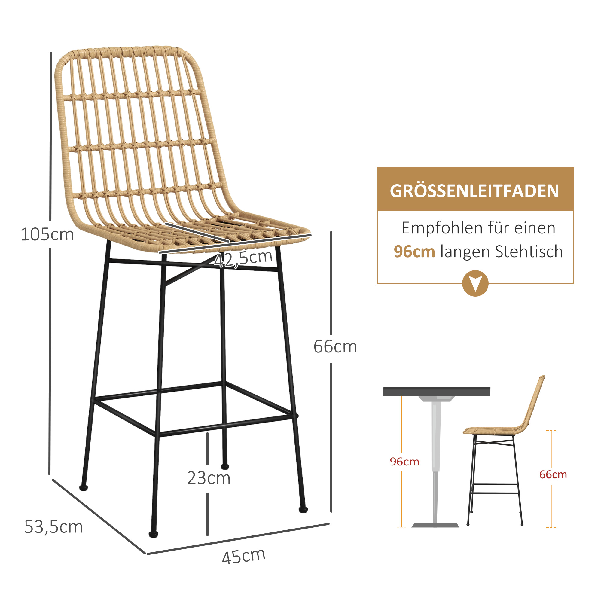 HOMCOM Barkruk Barstoel, Boho-stijl, PE-rattan, 45 x 53,5 x 105 cm, Natuur + Zwart