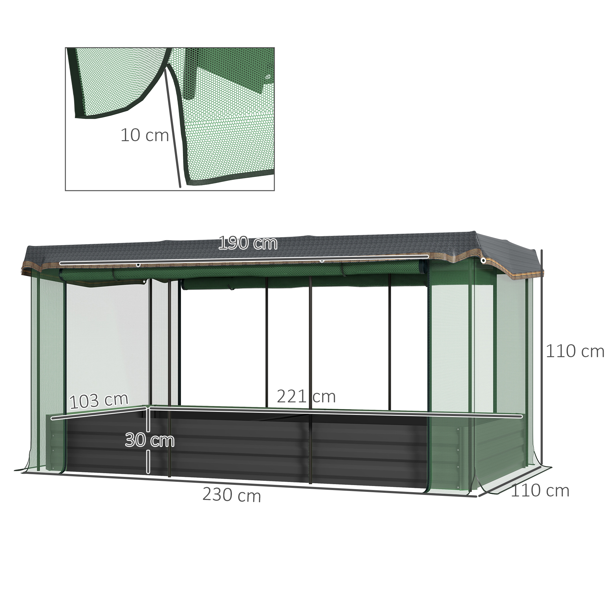 Outsunny Hoge plantenbak met vogelnet en zonnescherm, metalen behuizing, 230x110x110 cm, Grijs/Groen/Zwart