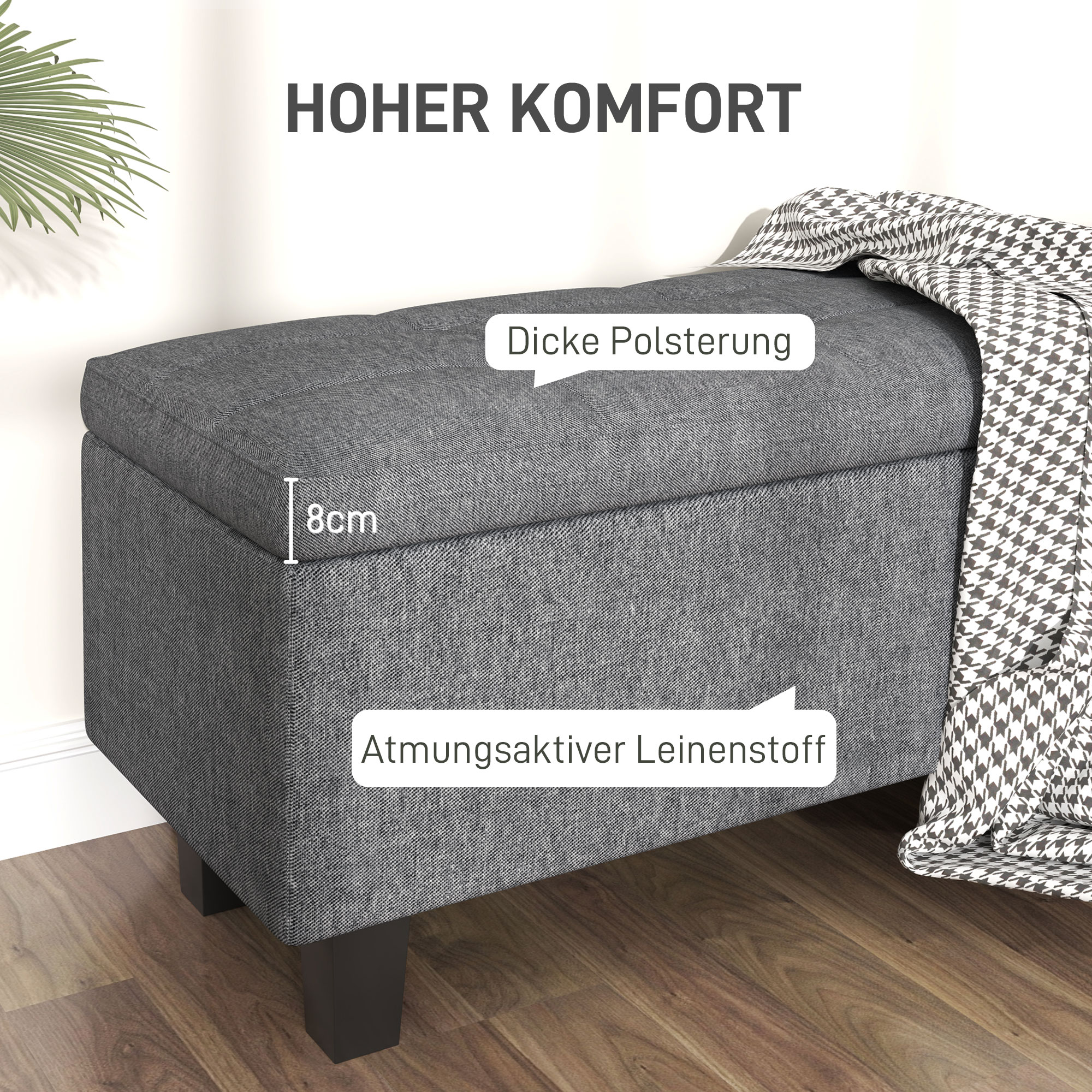 HOMCOM Opbergbank in Linnenlook met Rubberhouten Poten, voor Woonkamer, Slaapkamer, Gang, Donkergrijs