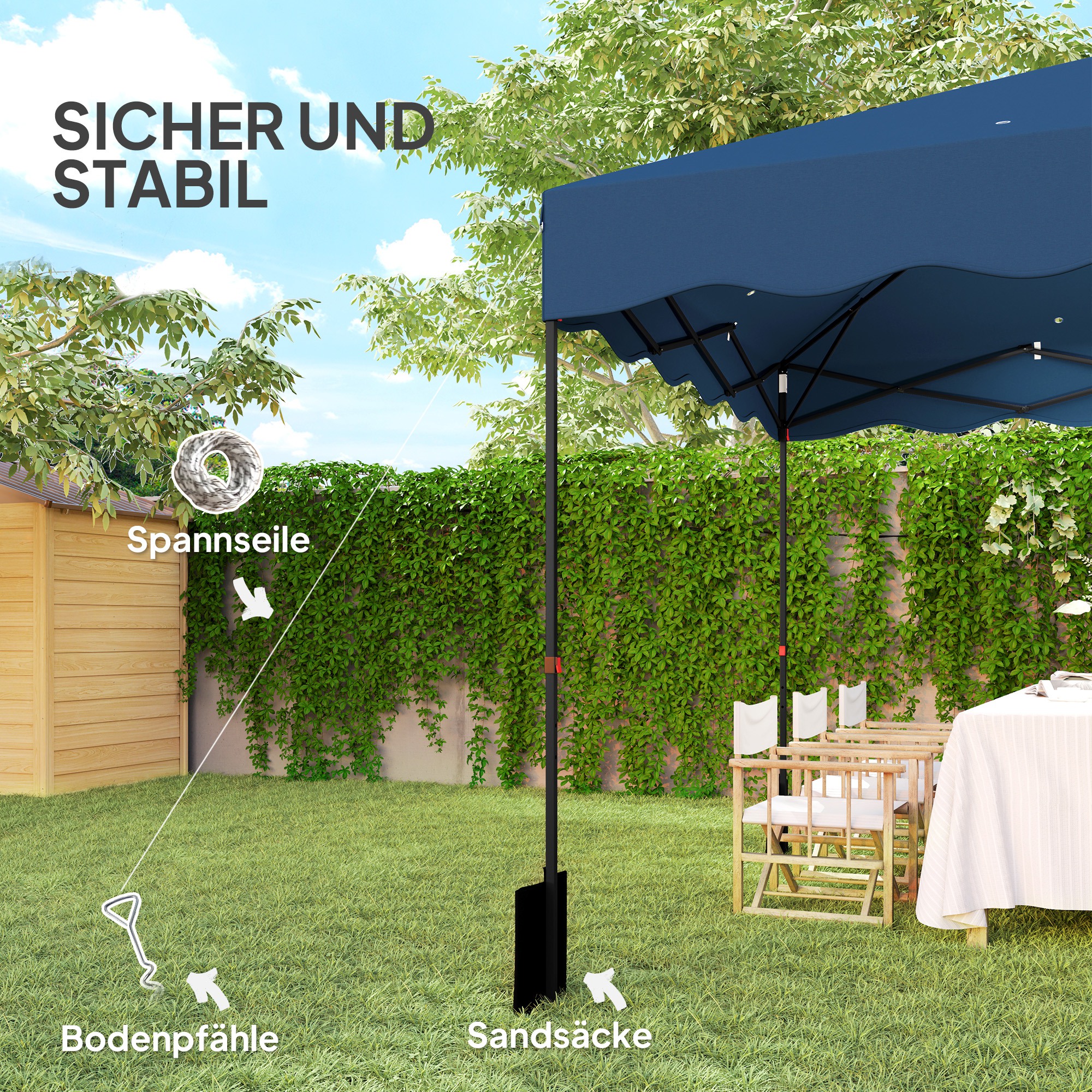 Outsunny 3 x 3 m Pop-up Paviljoen, Hoogteaanpasbaar Tuinpaviljoen, met RolTas, voor Tuin, Terras, Metaal, Stof, Donkerblauw