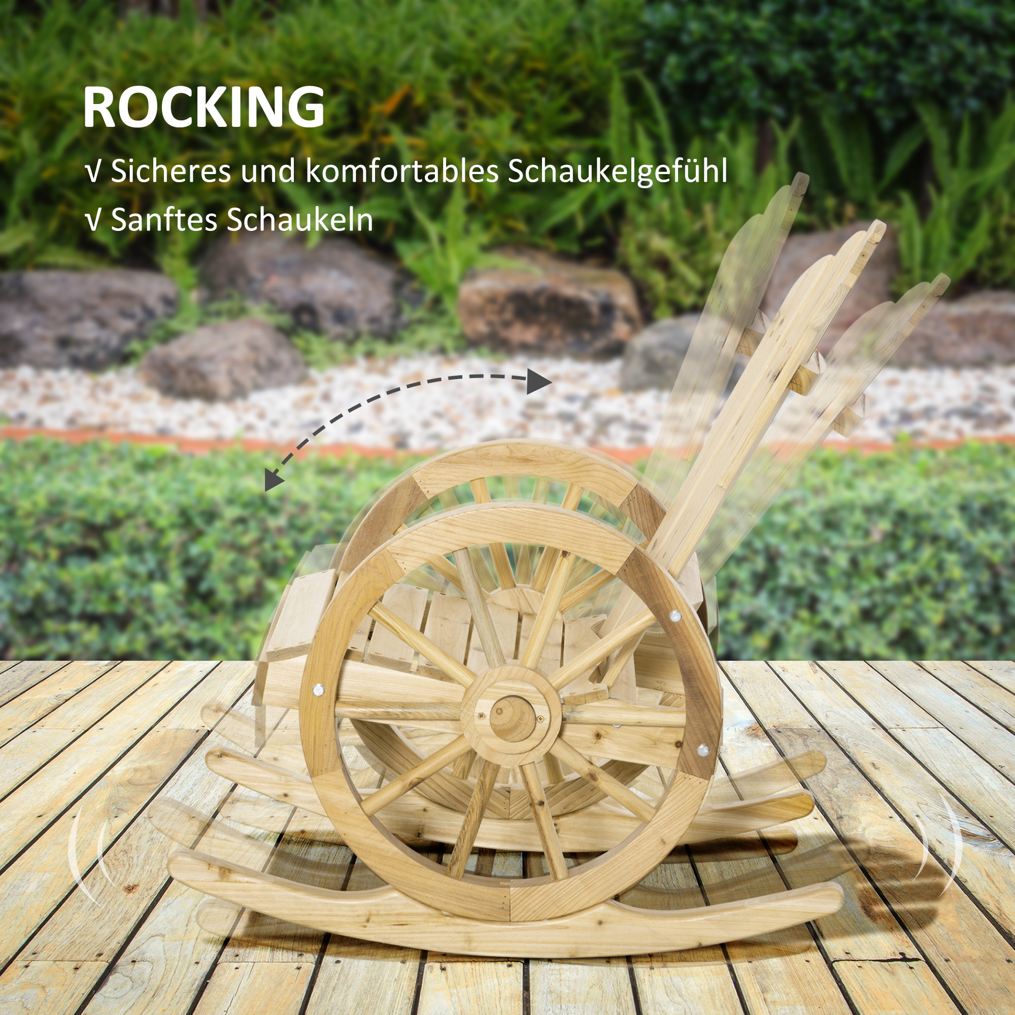 Outsunny Rustieke Schommelstoel, Tuinstoel, Wagenwiel-Design, Weerbestendig, Grenenhout, 68 x 88 x 92 cm
