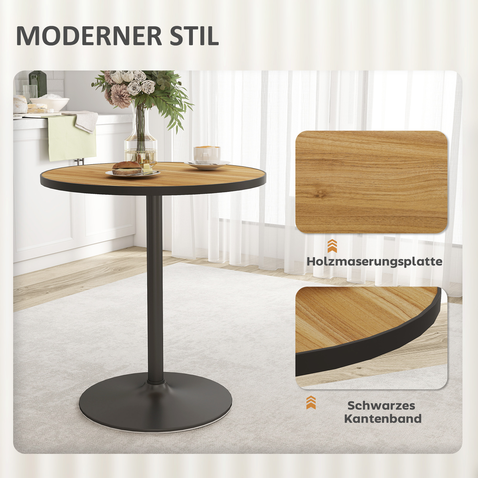HOMCOM Ronde Eettafel, Eikenhoutlook, Compact Ontwerp, voor 2-4 Personen, Eik