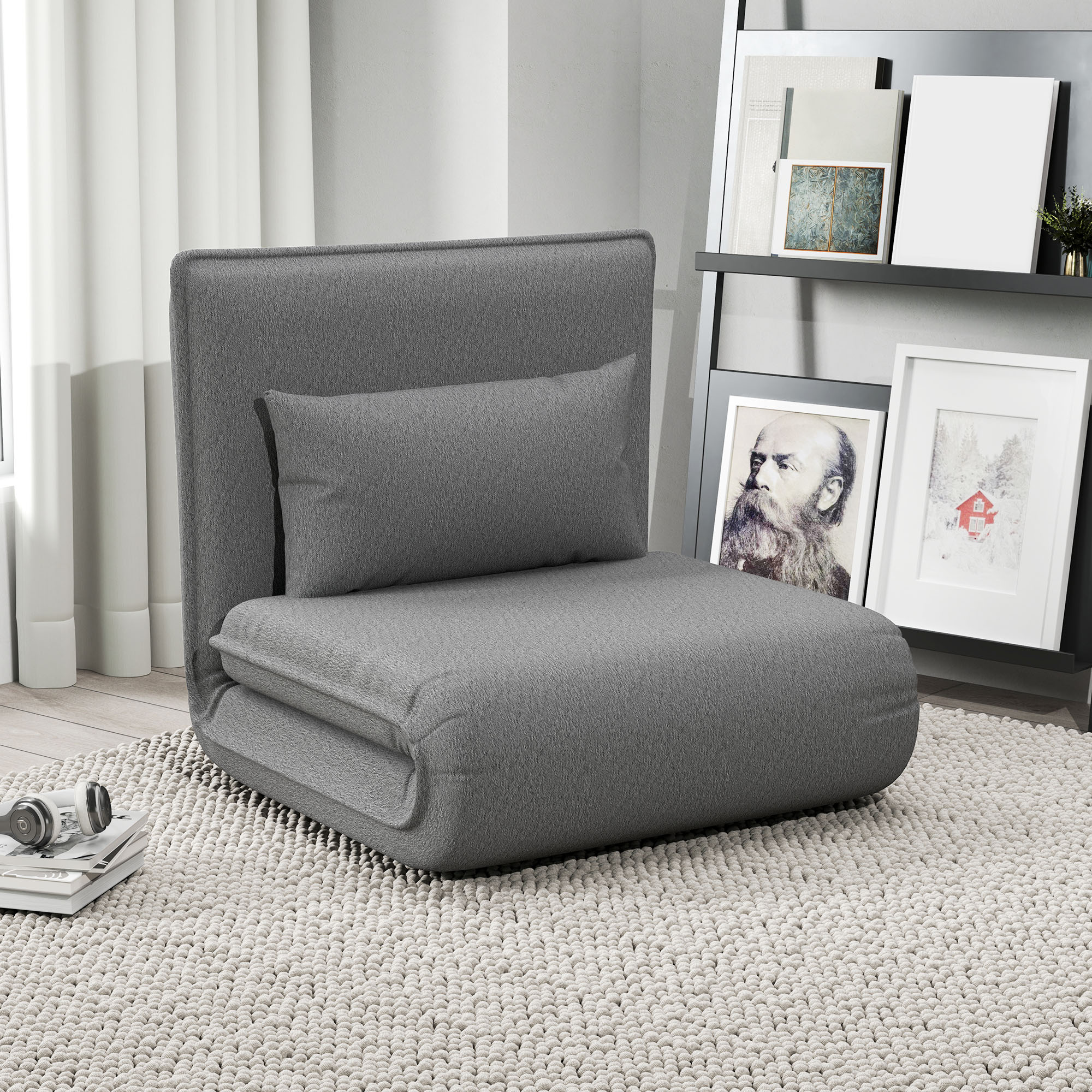 HOMCOM Vloerstoel, 3-in-1 Ontwerp, Verstelbare Vloerstoel, Chaise Longue voor Woonkamer, Slaapkamer, Gastenkamer, Kantoor, Grijs