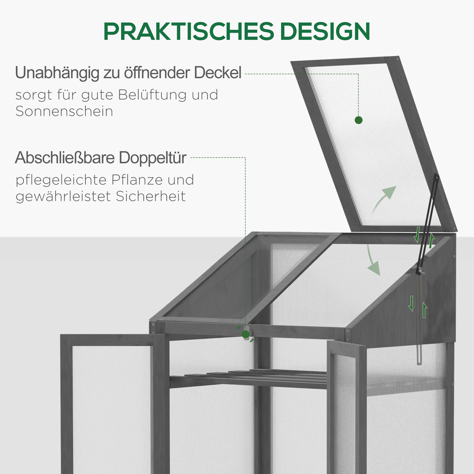 Outsunny Mini-Kas, Kleine Kas met Houten Frame, Ramen en Dubbele Deur, 3 Planken, 70L x 50B x 120H cm, Grijs