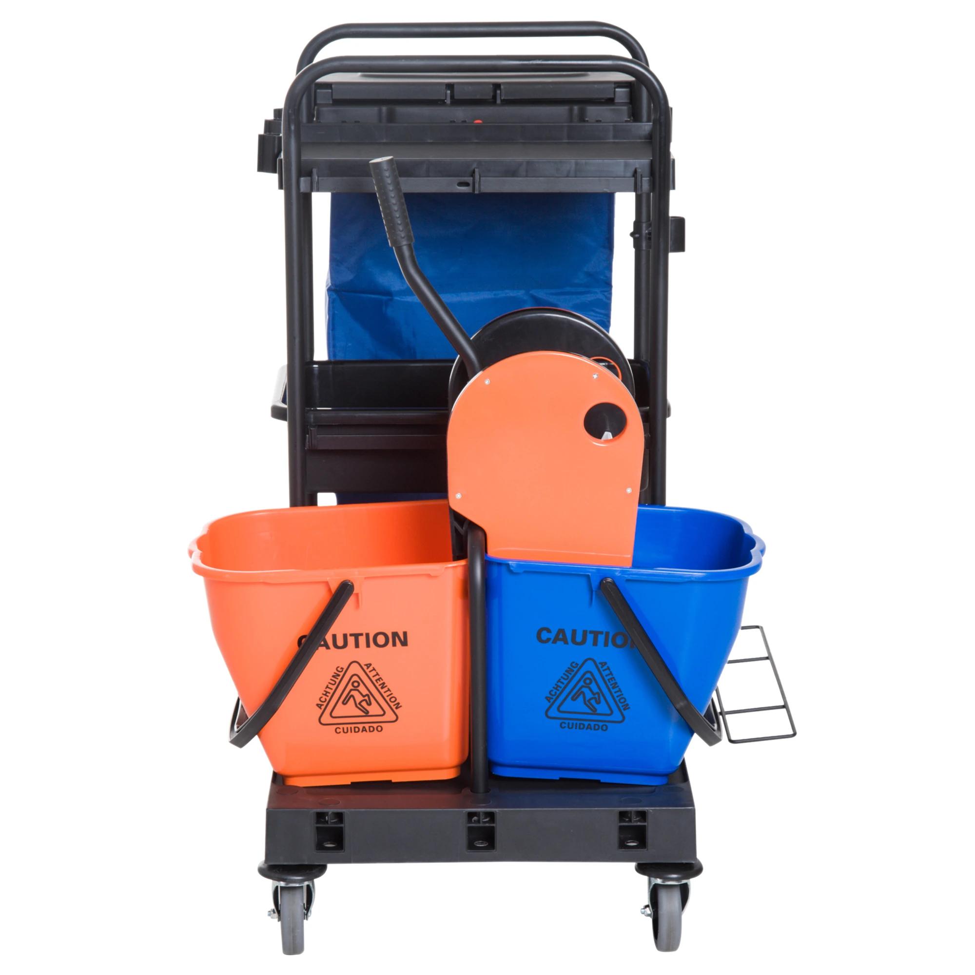 HOMCOM schoonmaakwagen reinigingswagen veegwagen systeemwagen met 4 wielen 2 emmers