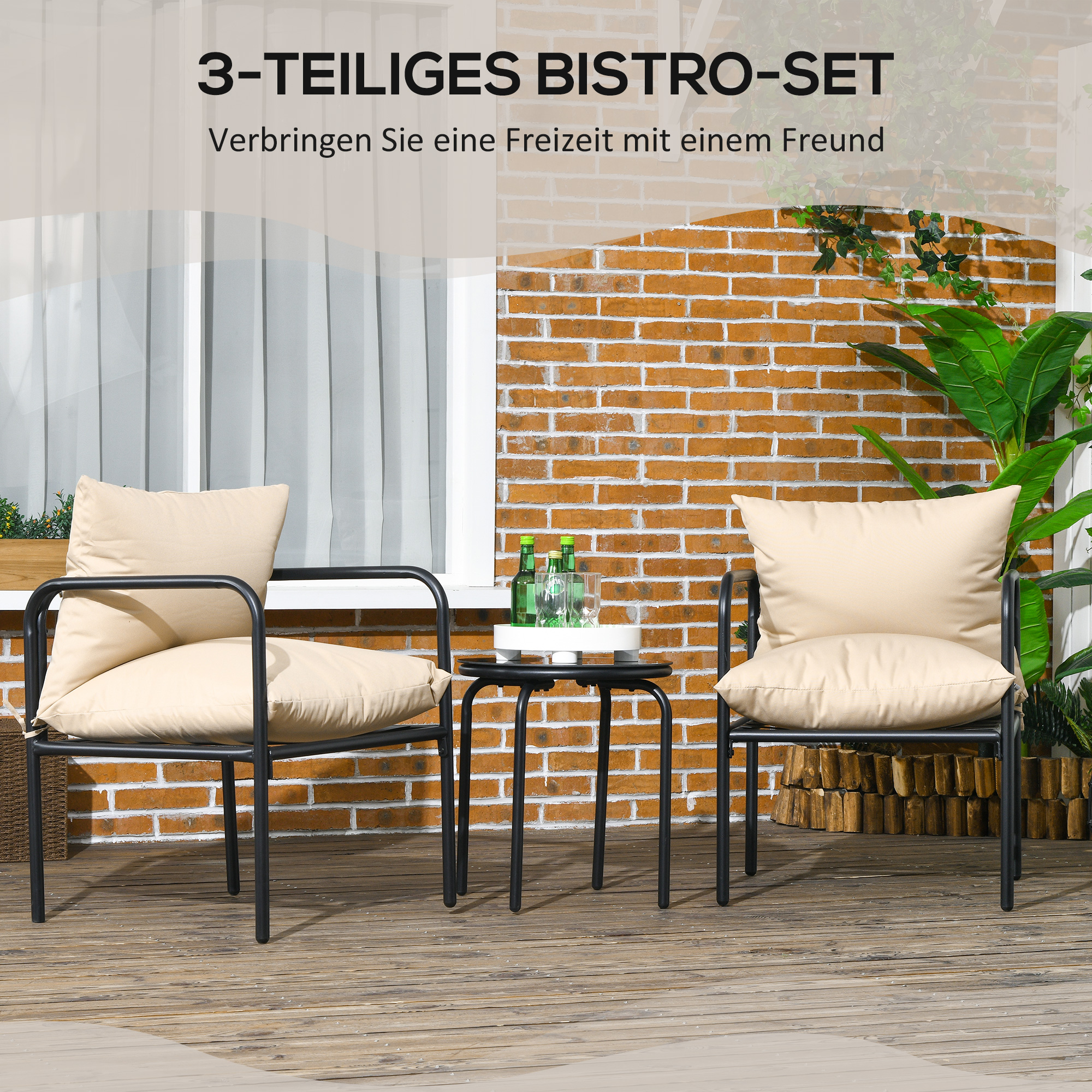 Outsunny Tuinset, 3-delig, 2 stoelen, tafel met glazen blad, zitkussen, metalen frame, beige