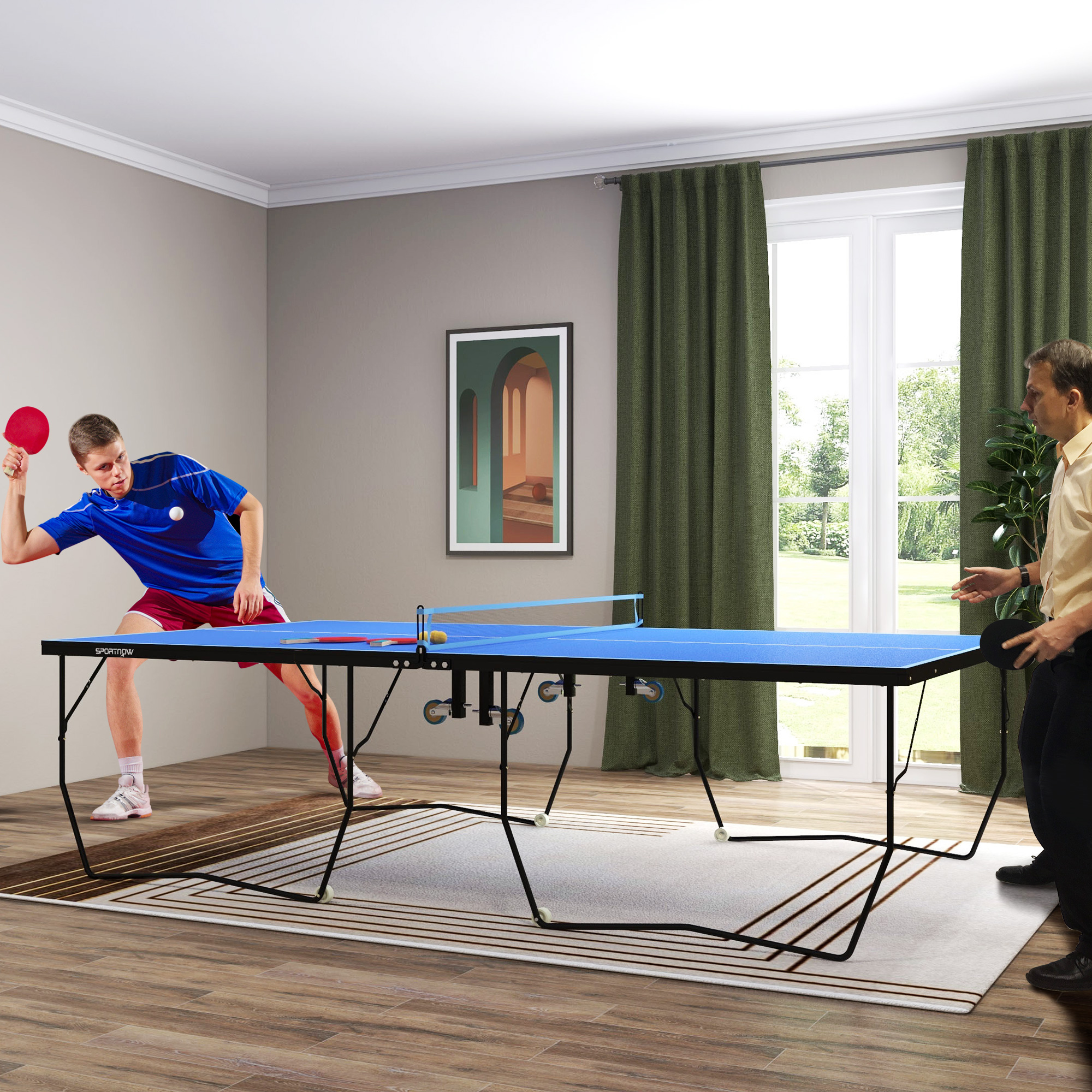 SPORTNOW Opvouwbare Tafeltennistafel, 8 Wielen, Poedergecoat Staalframe, MDF, 274 x 152,5 x 76 cm, Blauw
