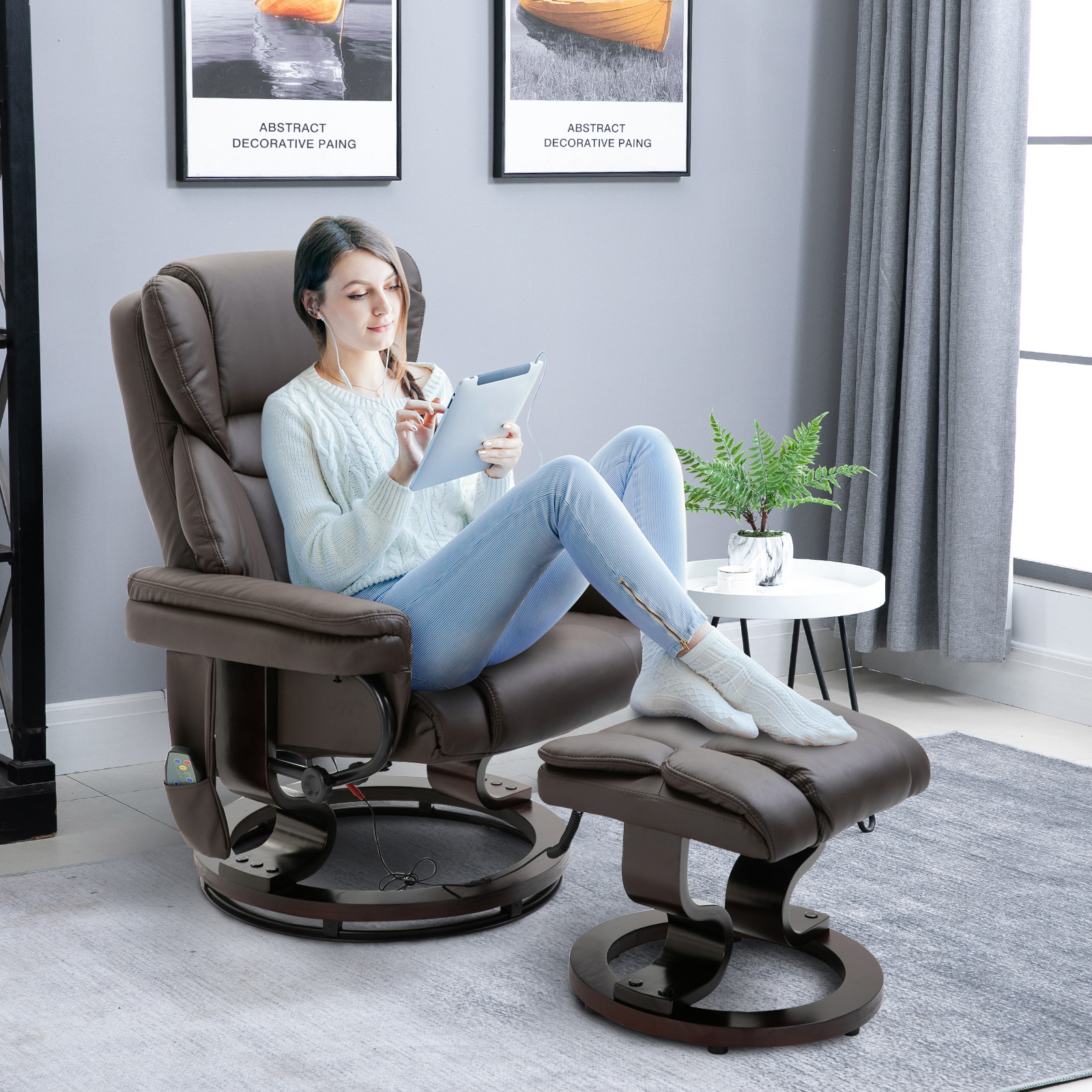 HOMCOM massagestoel met voetenbank relaxstoel kantelbaar tot 145° kunstleer bruin 79 x 82 x 101 cm