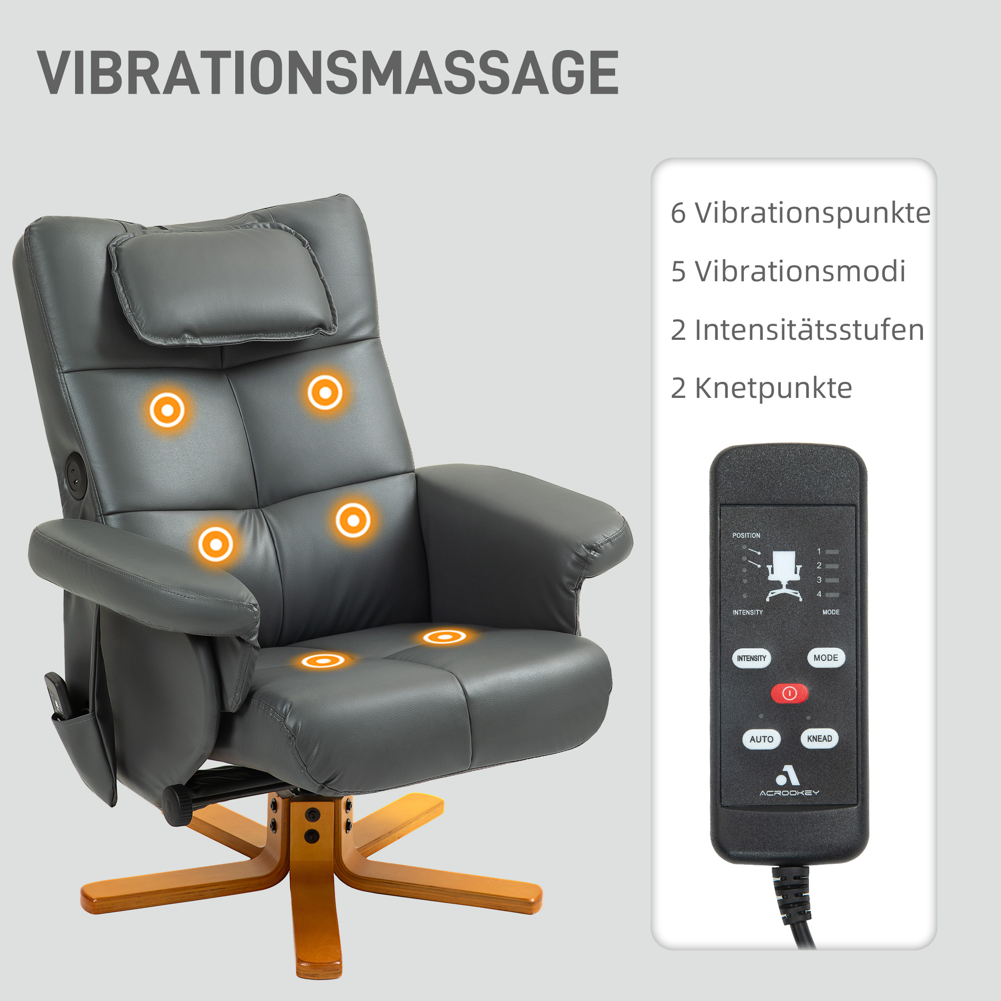 HOMCOM Massagestoel met Voetenbank, Verstelbare Rugleuning, USB-Oplaadpoort, Lederlook, tot 150 kg, Donkergrijs