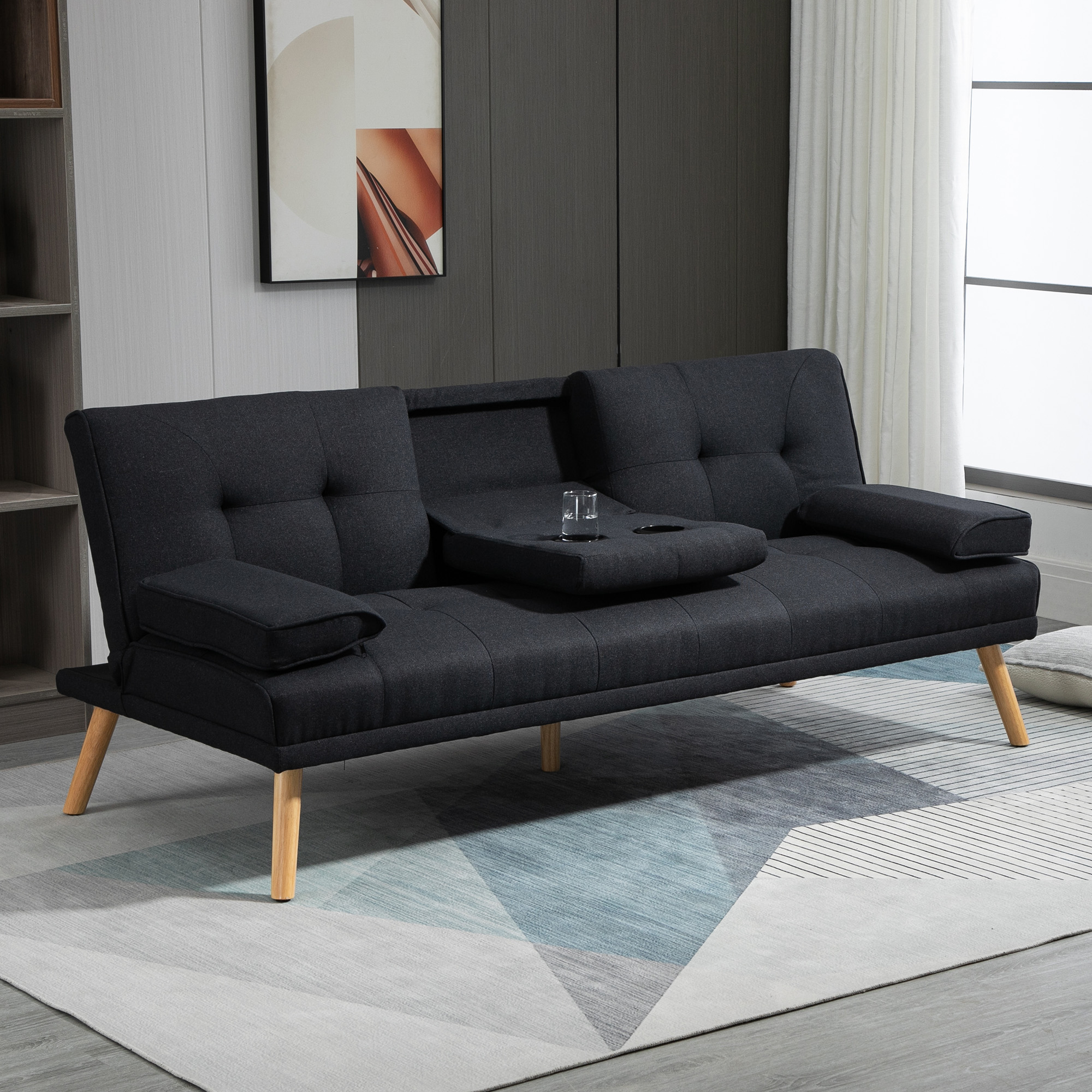 HOMCOM Slaapbank, Logeerbed, Verstelbare Rugleuning, Opklapbare Tafel, 181x77x78 cm, Grijs/Hout