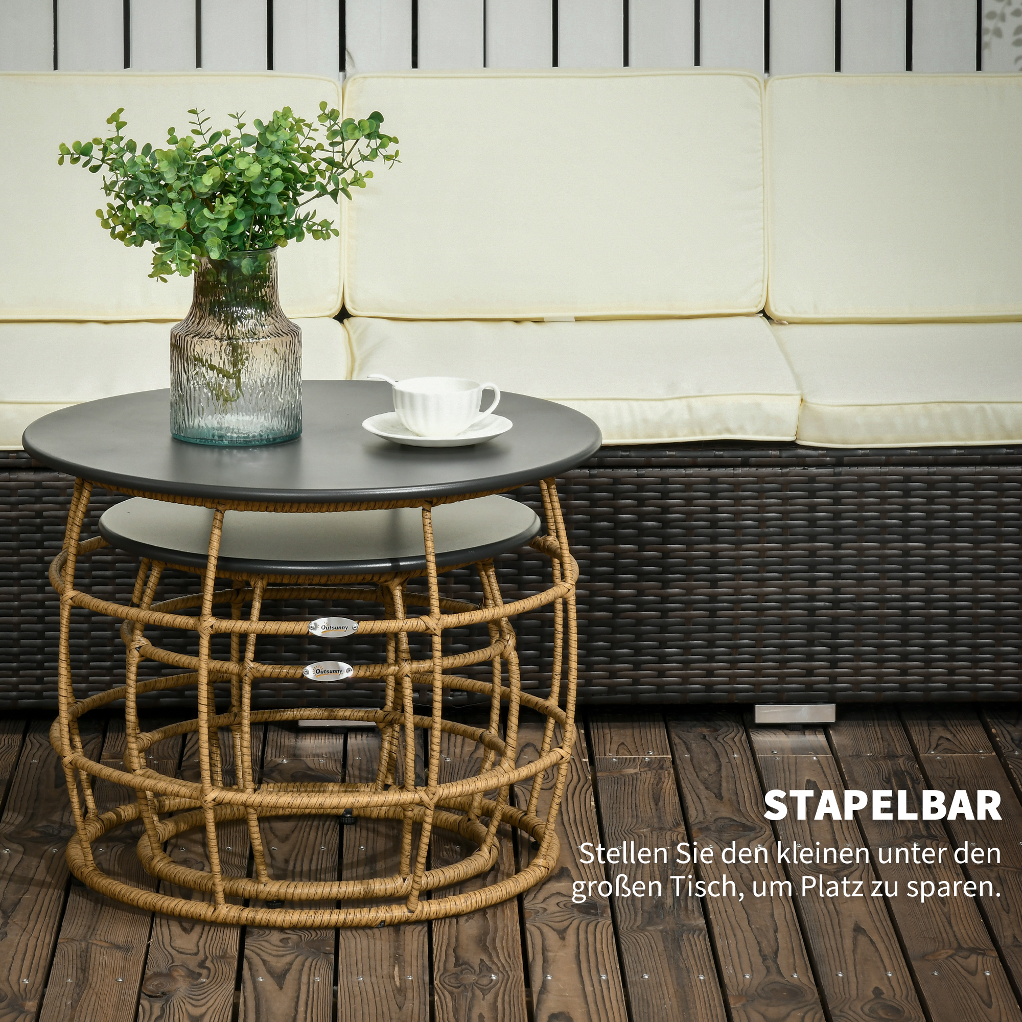 Outsunny set van 2 tuintafels in boho-stijl, weerbestendig, stapelbaar, 60 cm x 60 cm x 47 cm, naturel + donkergrijs