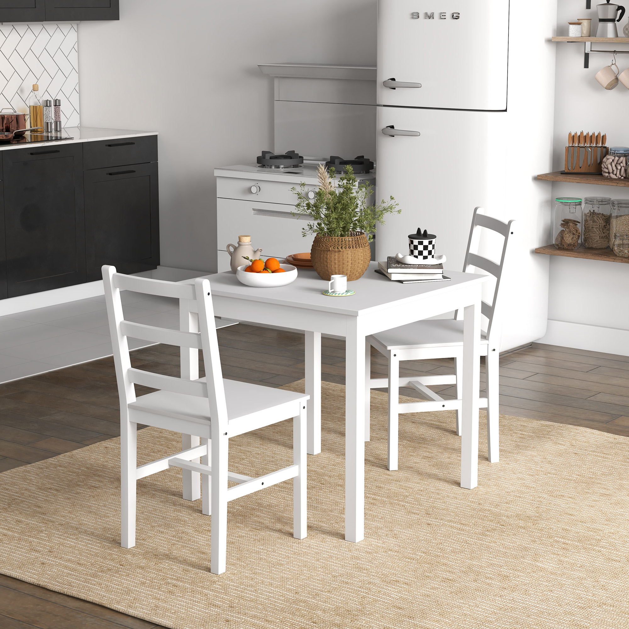 HOMCOM 3-delig Eettafelset Eetgroep Tafel met Stoelen, Grenenhout, Wit