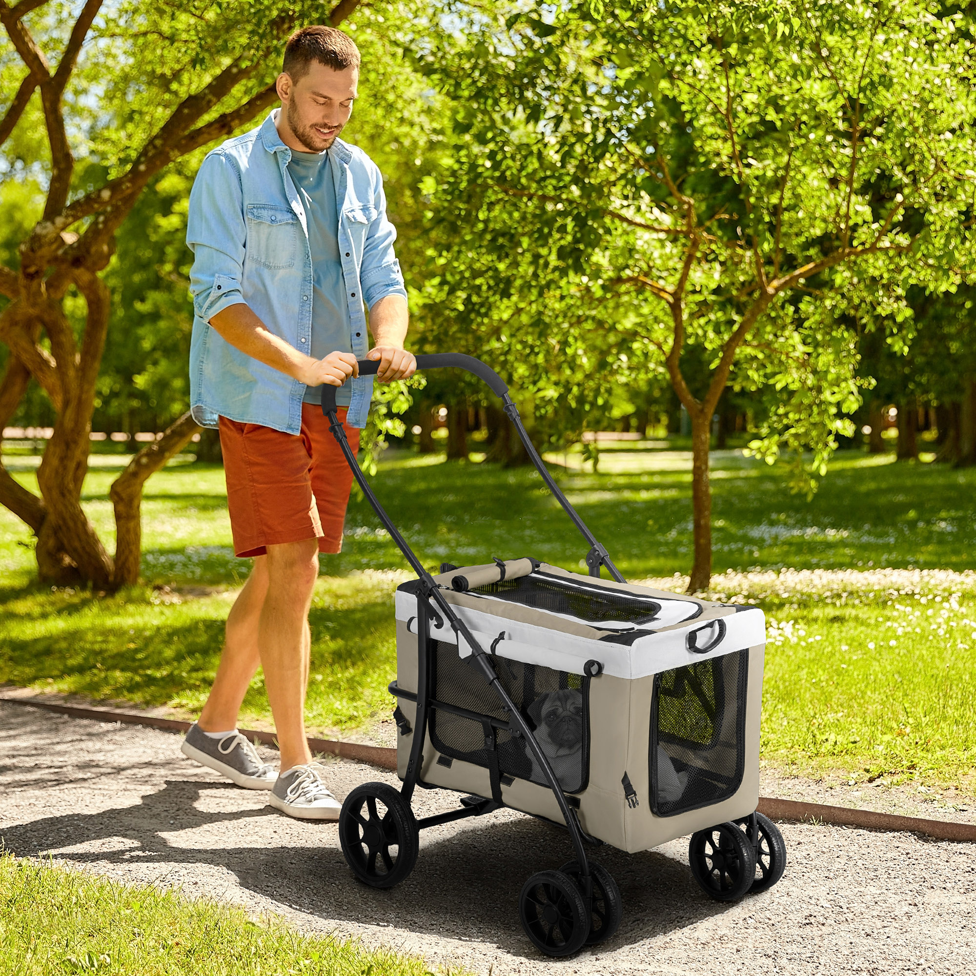 PawHut Hondenbuggy Huisdierbuggy Opvouwbaar met Afneembaar Compartiment, 81 x 58 x 97,5 cm, Zwart+Khaki+Wit