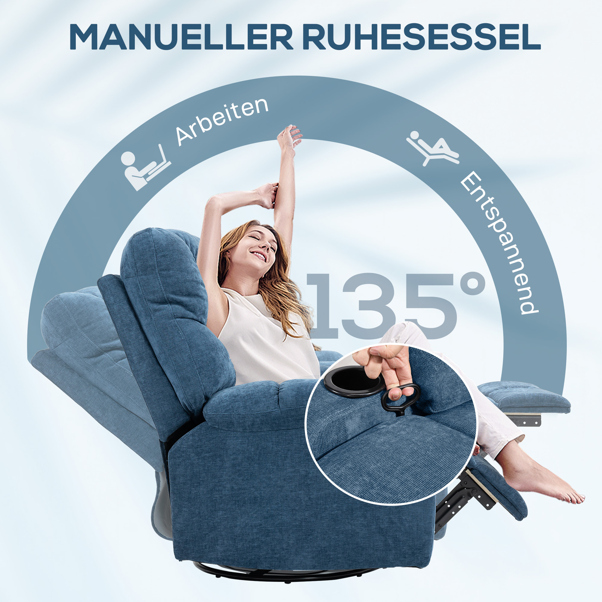 HOMCOM Relaxstoel met Voetensteun, Ligstoel, Draaibaar, tot 150 kg, Stalen Frame, 88x96x108cm, Donkerblauw