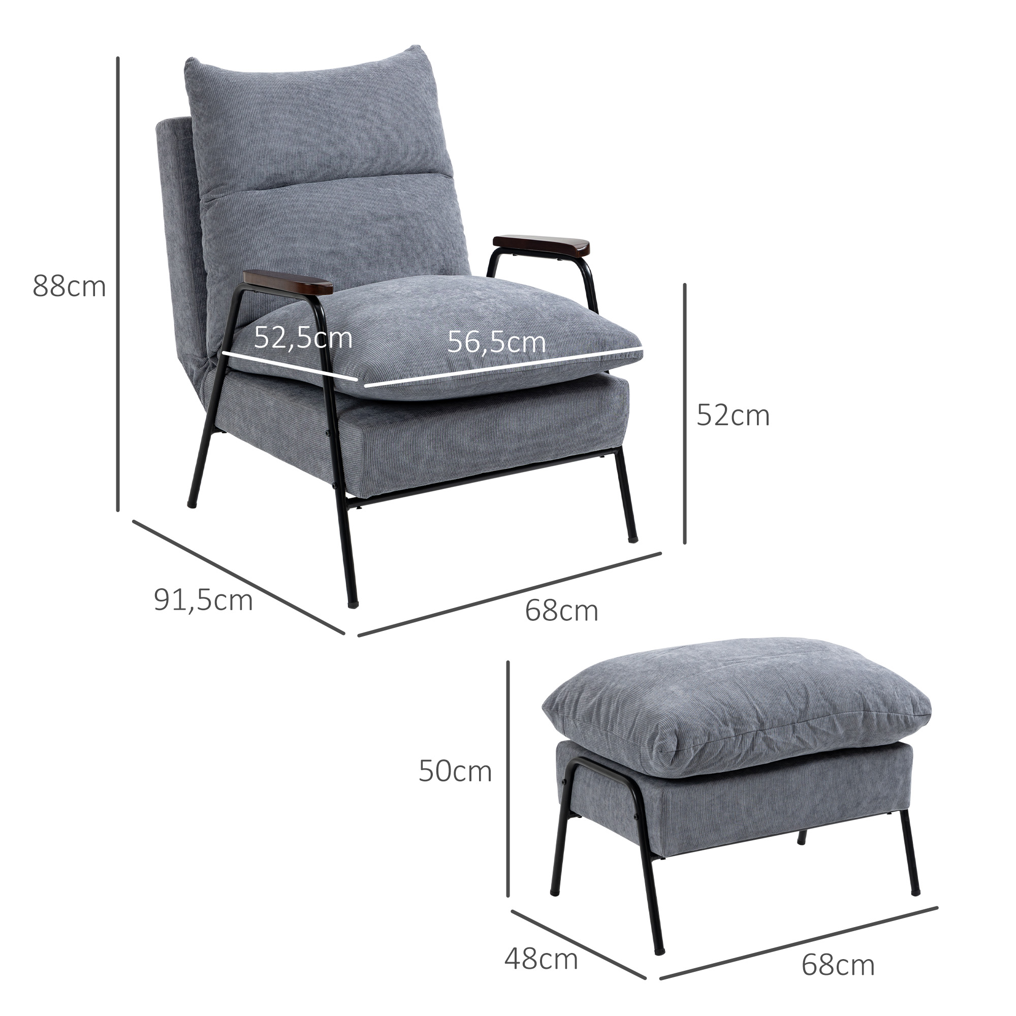 HOMCOM Relaxfauteuil met Ottoman Polsterstoel, Inclusief Kussen, 68 cm x 91,5 cm x 88 cm, Lichtgrijs