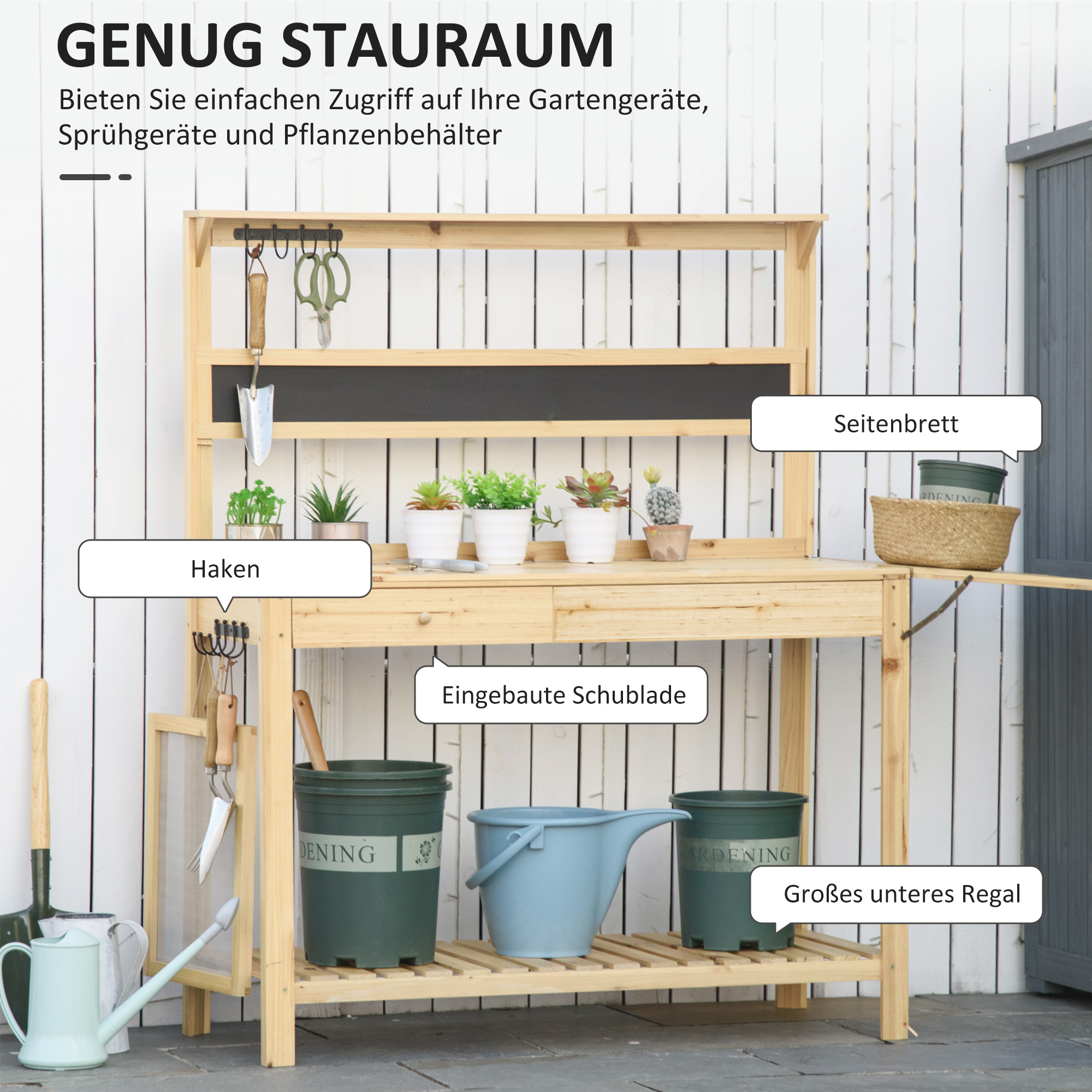 Outsunny plantentafel tuintafel met 8 haken ladeplank bloementafel van hout voor tuinterras naturel 151 x 45,5 x 143 cm
