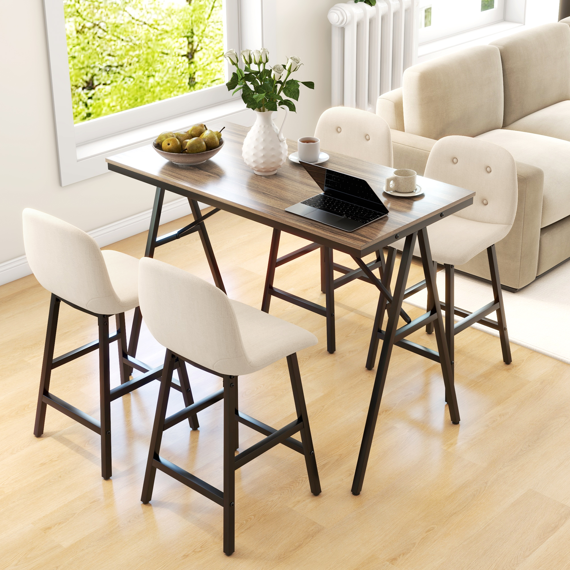 HOMCOM 5-delige Bargarnituur, Tafel en 4 Stoelen, Knoopstiksel, Dikke Bekleding, Linnenlook, Beige