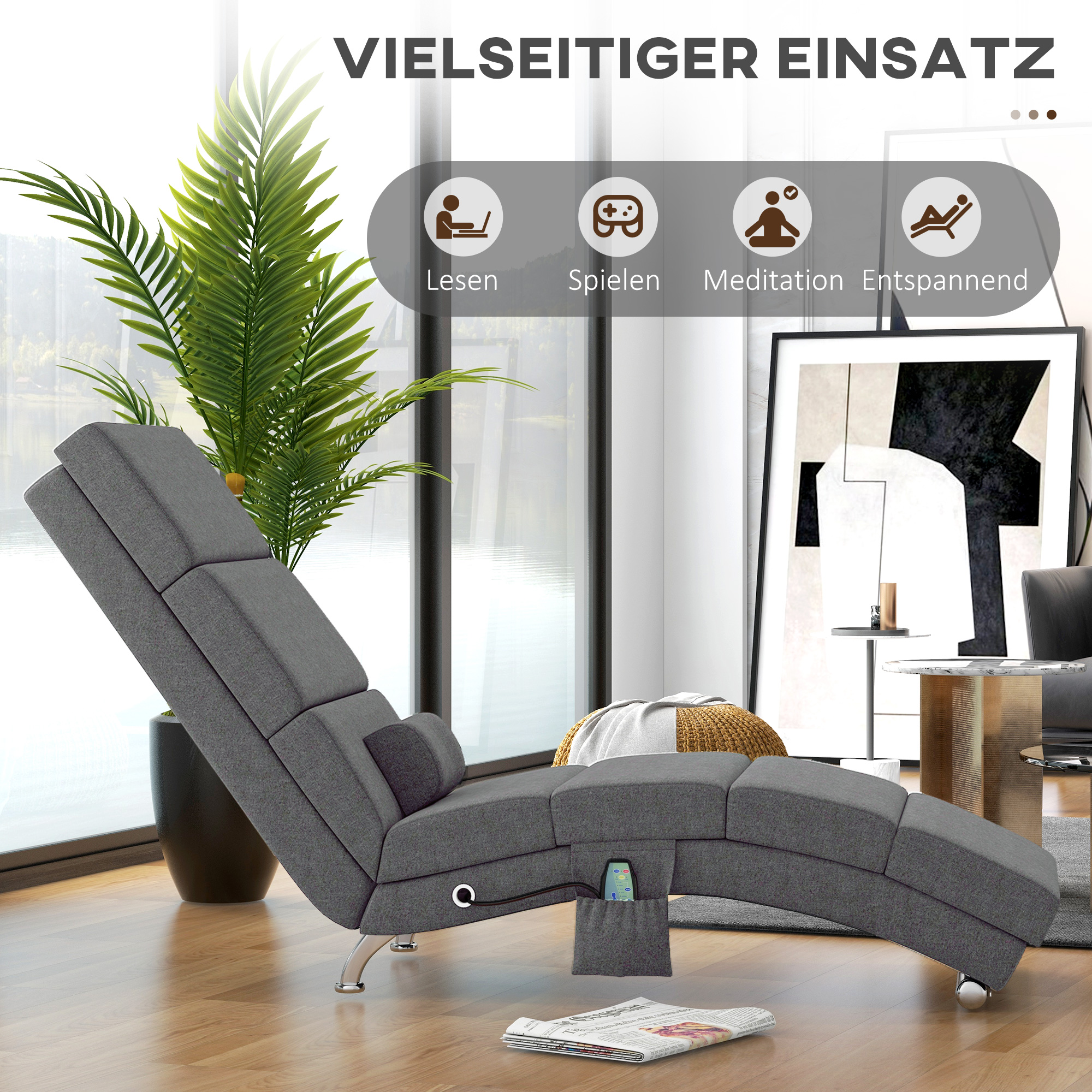 HOMCOM Massagestoel Relaxstoel Ligstoel 8 vibratiepunten, 5 modi, 8 vibratiepunten, 56 x 168 x 84 cm, Grijs