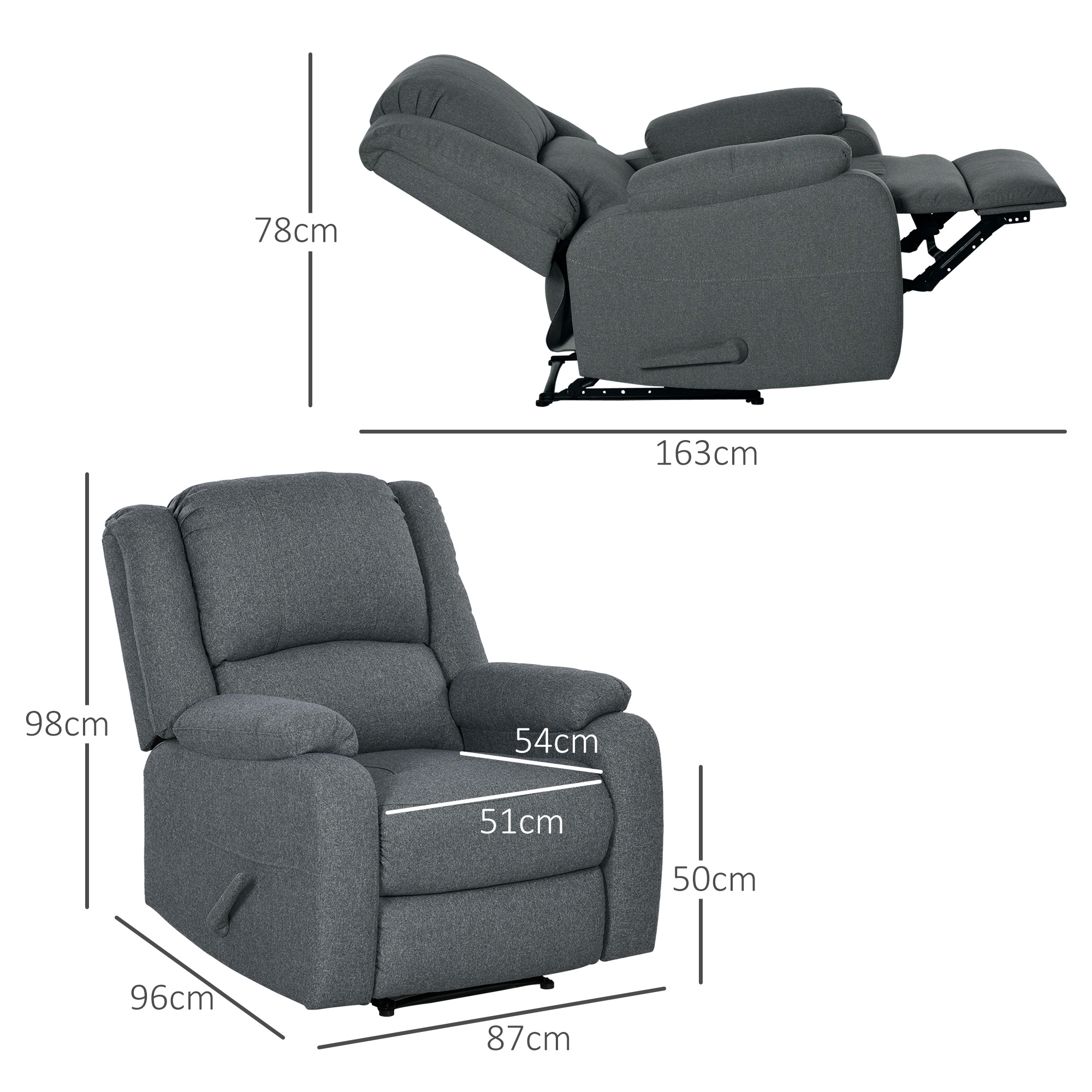 HOMCOM Relaxstoel met ligfunctie en voetsteun, verstelbaar, tot 150 kg, stalen frame, 90 x 96 x 98 cm, Grijs