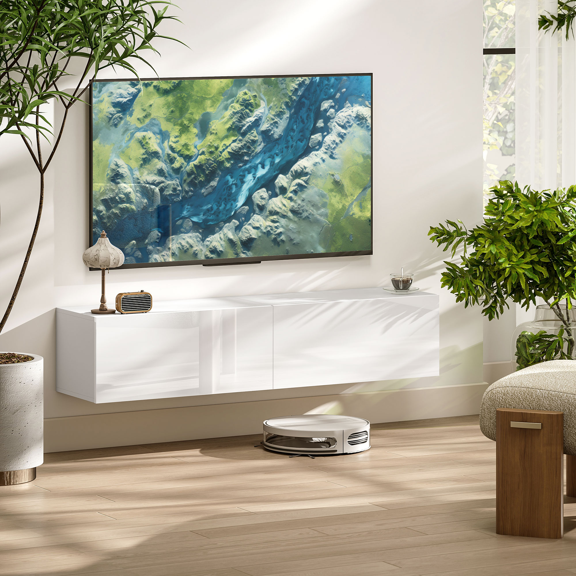 HOMCOM Wandgemonteerde Tv-kast, Zwevende Tv-console met Veel Afzetgebied en Opbergruimte, Spaanplaat, Wit