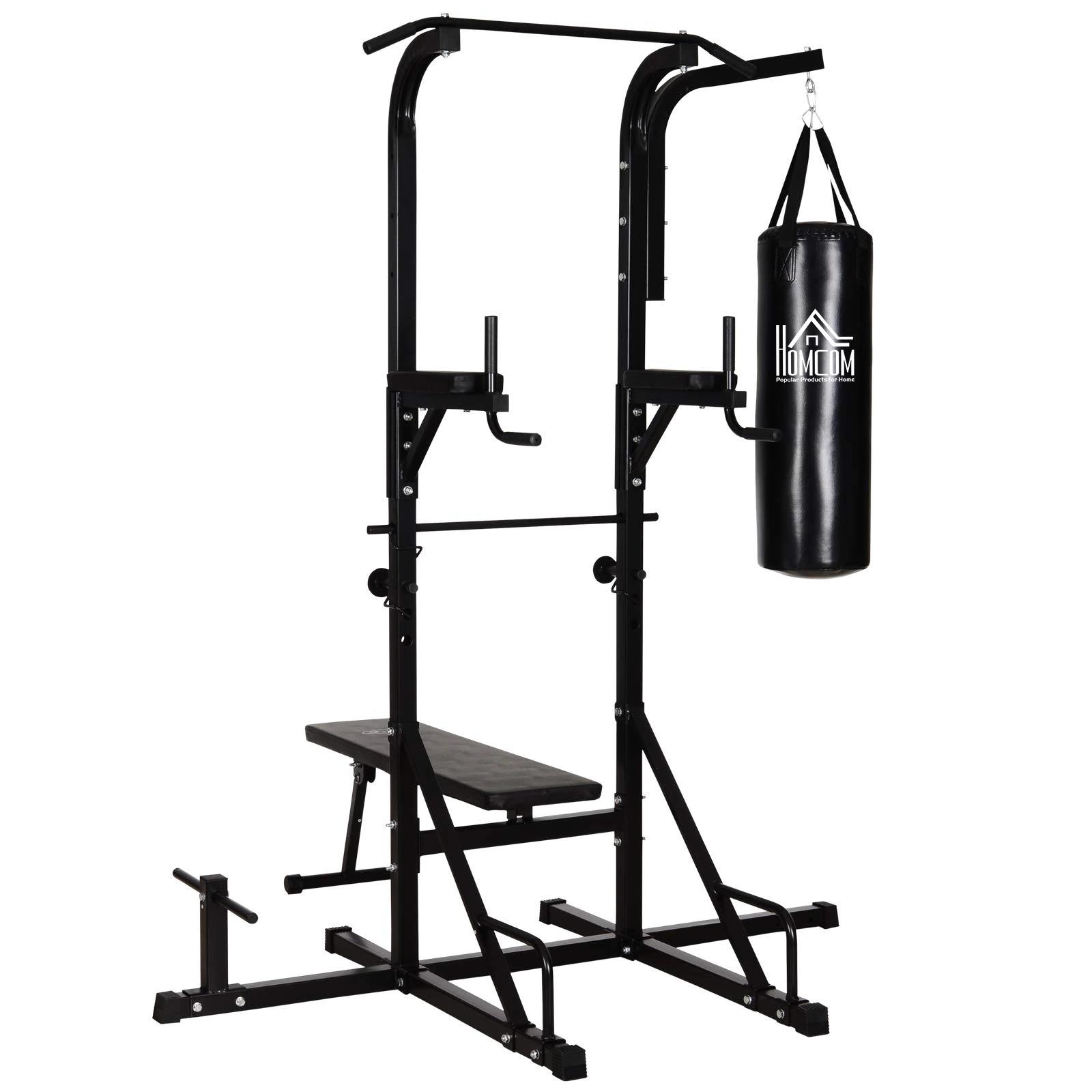 HOMCOM Krachtstation met optrekstang, multifunctioneel dipstation, trainingsapparaat voor thuis, met bokszak, fitness, staal, zwart, 180 x 183 x 219 cm dipstation multifunctionele bokszak opvouwbaar staal | Aosom.de