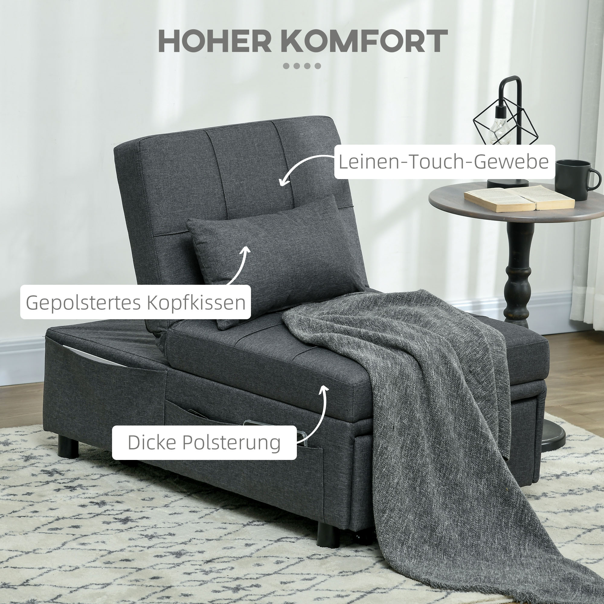 HOMCOM Ligstoel Slaapstoel 3-in-1 Stoel, linnenlook, inclusief kussen, 65,5 cm x 104 cm x 81 cm, Donkergrijs