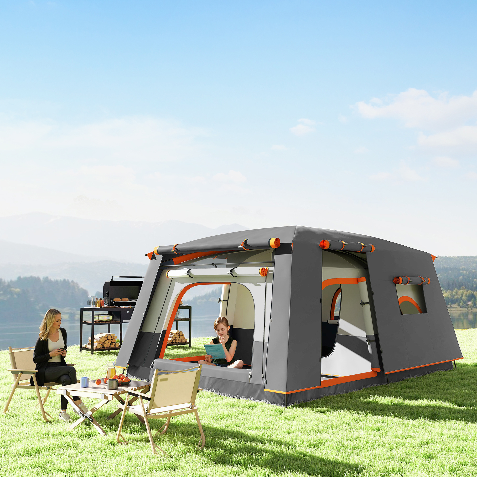 Outsunny Kampeertent voor 4-6 Personen - Waterdicht en Stevig Met Voorportaal en Grondzeil - Donkergrijs