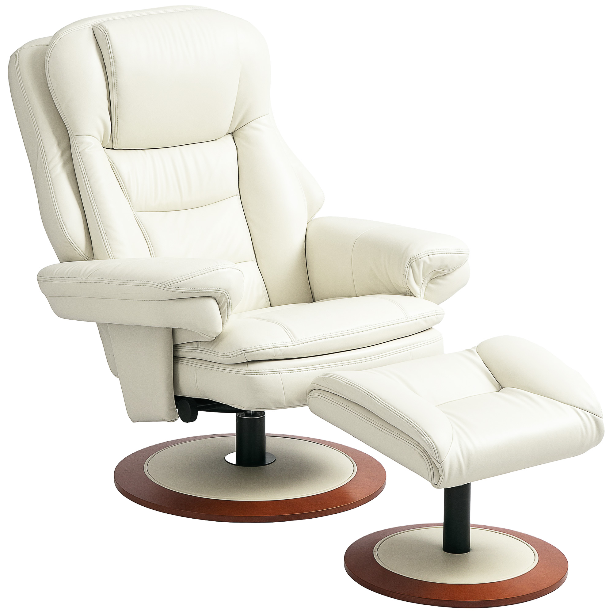 HOMCOM Relaxfauteuil met Voetenbank, 360° Draaibaar, Ergonomisch, Kunstleer, 94 x 98 x 104 cm, Crèmewit