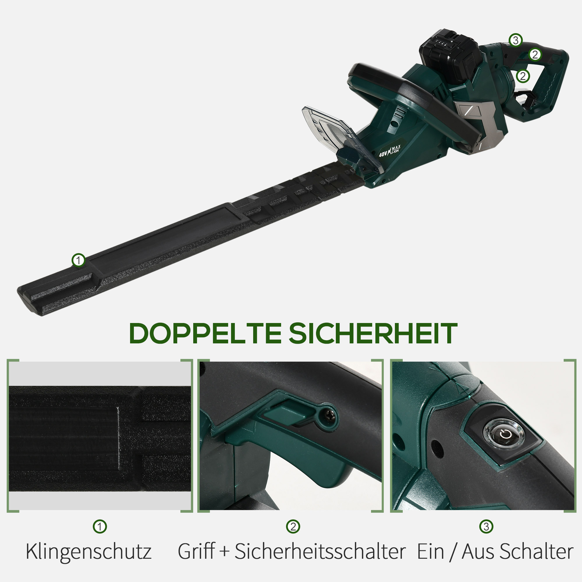 DURHAND Elektrische heggenschaar Snoerloze Elektrische heggenschaar met 350 W motorvermogen Snoerloze 180° draaihendel 52 cm snijlengte Staal ABS Groen + Zwart