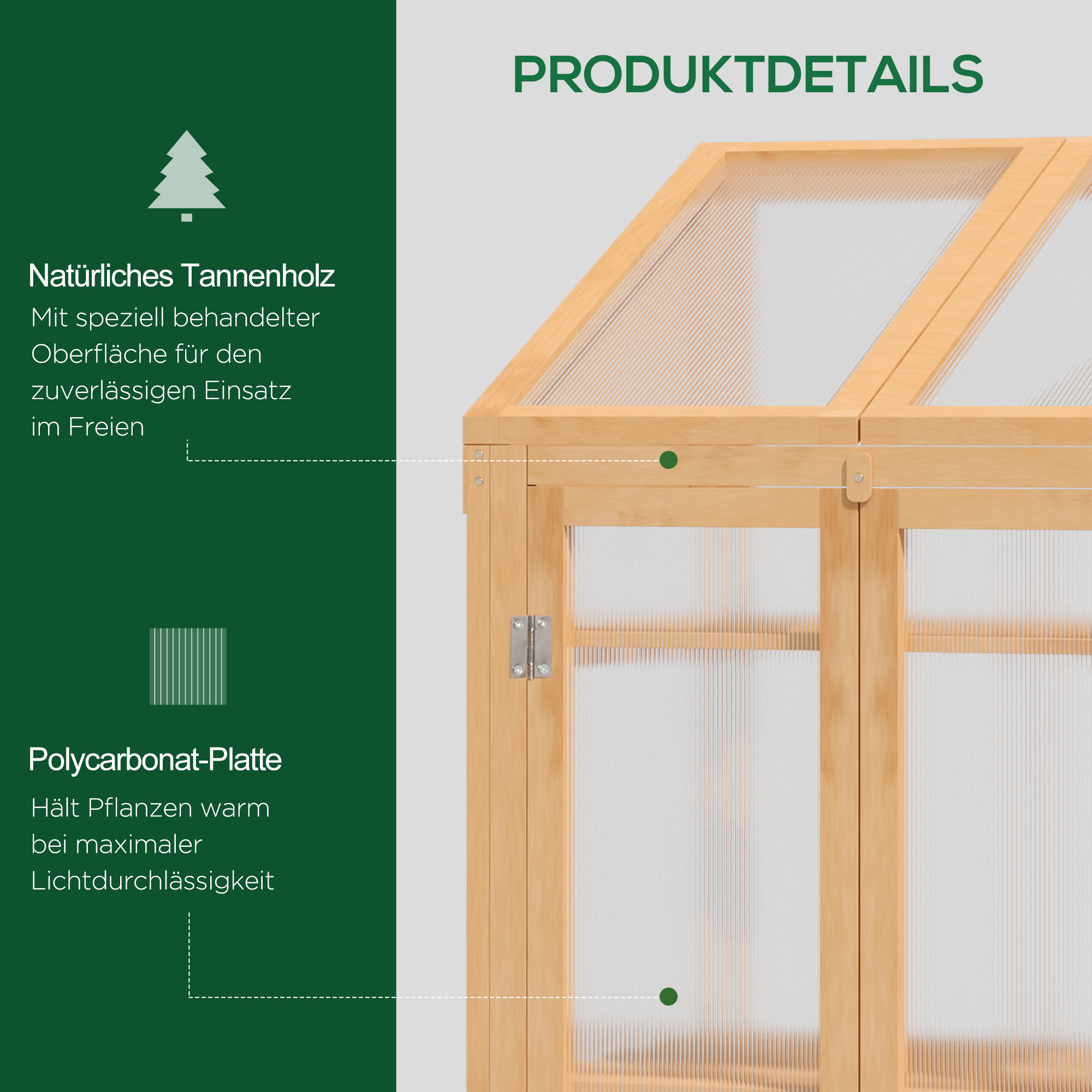 Outsunny Mini-kas, Klein Kas met Houten Frame, Vensters en Dubbele Deur, 3 Planken, 70L x 50B x 120H cm, Bruin