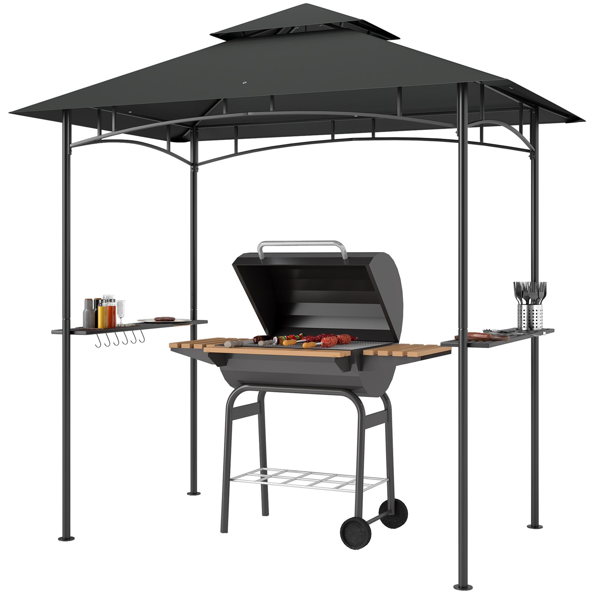 Outsunny Grillpaviljoen met LED-verlichting 240 x 150 x 258 cm Waterafstotend en Vlamvertragend Tuinpaviljoen met Dubbellaagsdak