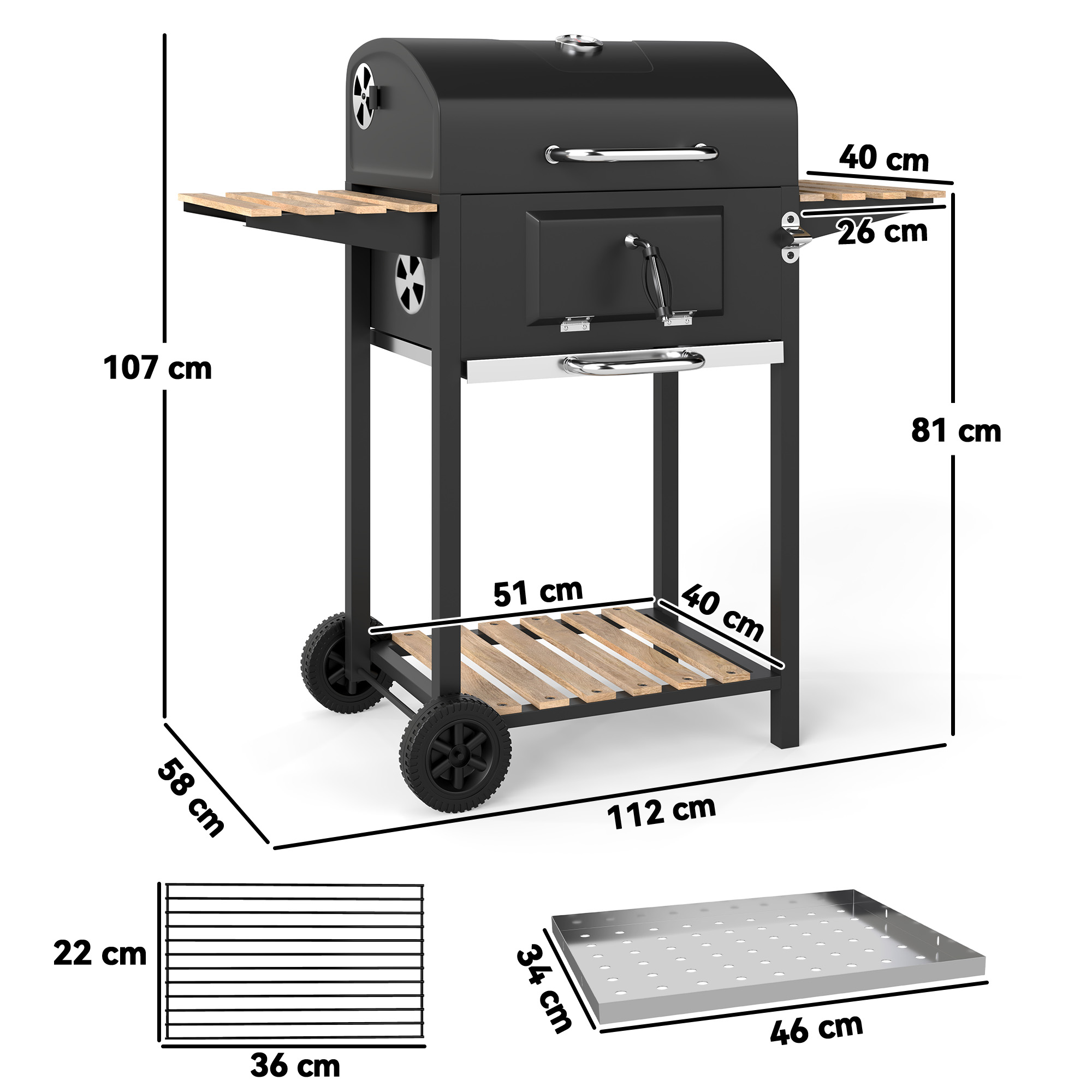 Outsunny Houtskoolgrill met verstelbare kolenbak, grillwagen, planken, thermometer, flesopener, staal, hout, zwart