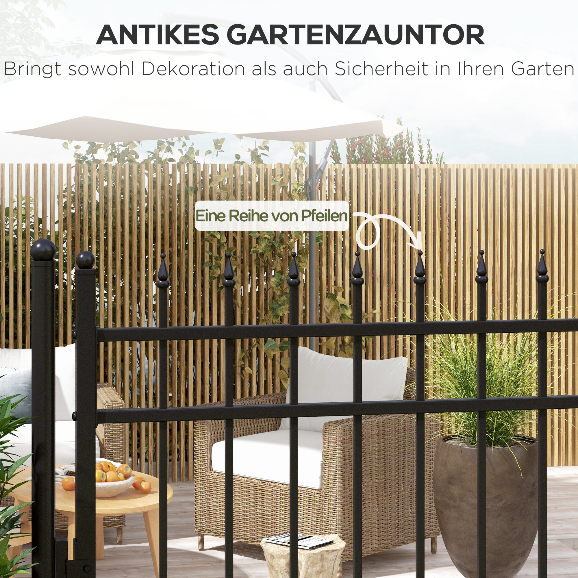 Outsunny Tuinhek, slot en sleutel, decoratieve spijlen, roestvrij staal, 107x204cm, Zwart
