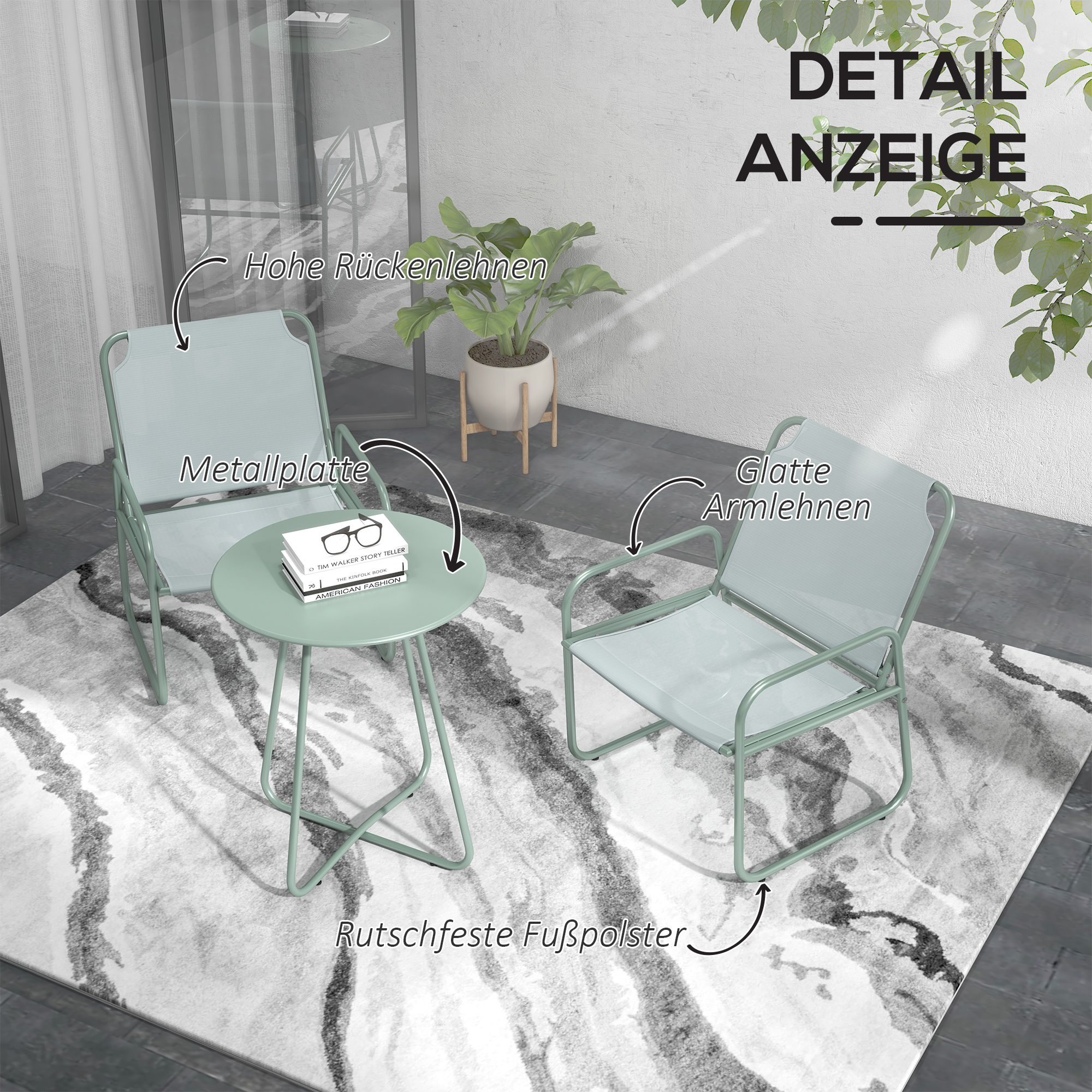 Outsunny 3-delige tuinmeubelset, 2 stoelen met ademende stoffen bekleding, 1 ronde tafel Ø60 cm, Groen