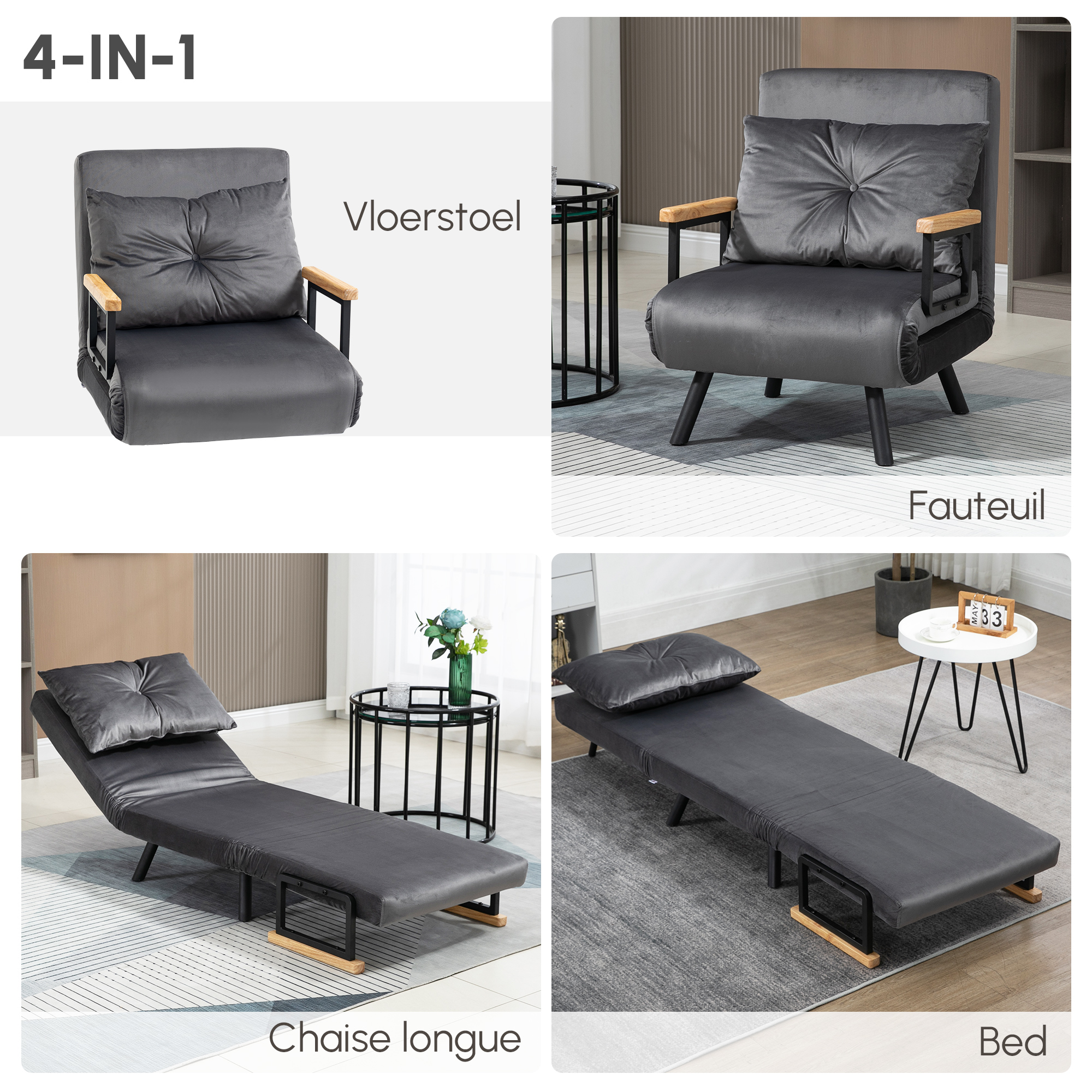 HOMCOM Lounge stoel in Scandinavisch design, ligstoel, leesstoel. Inclusief kussen met knoopsluiting, Donkergrijs