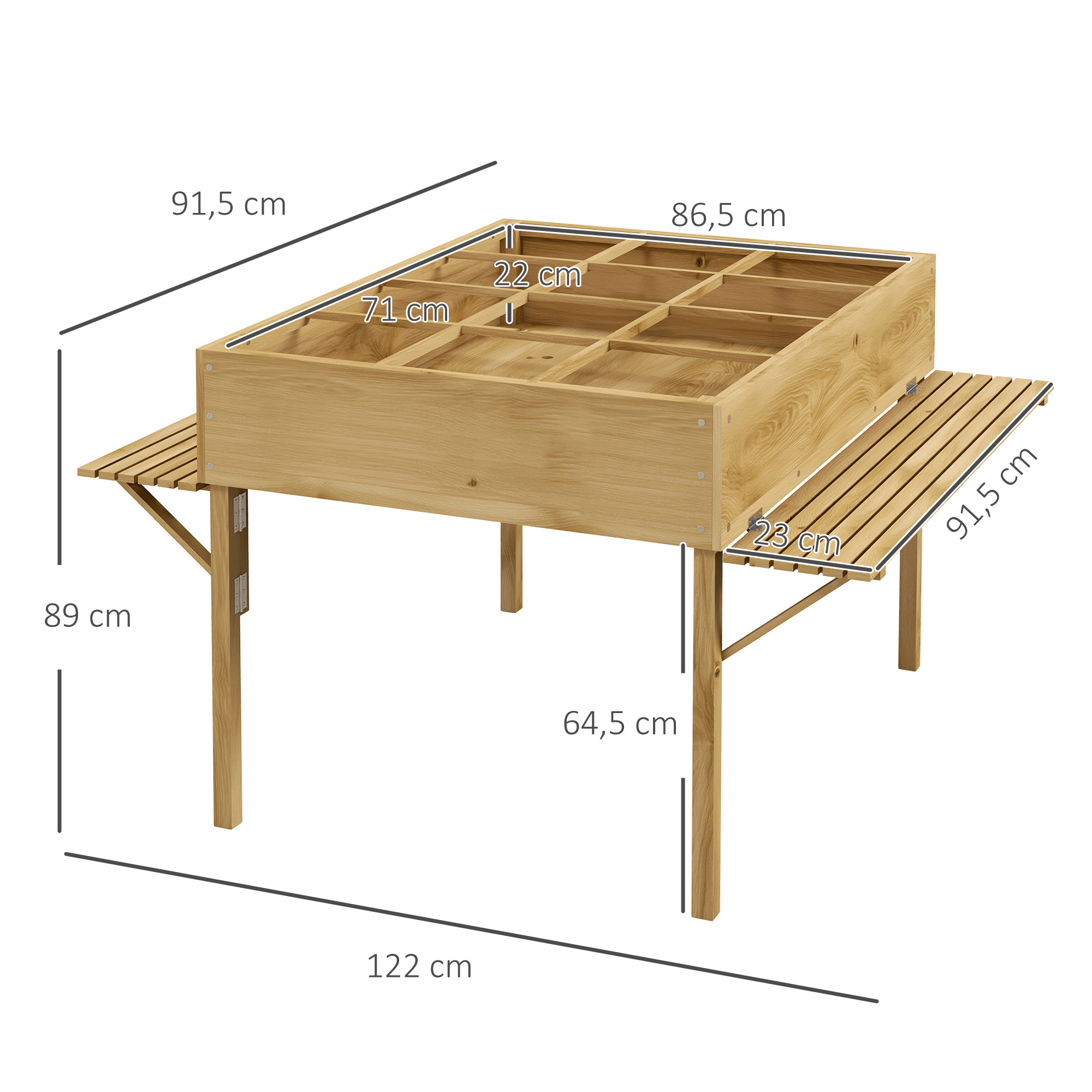 Outsunny Houten verhoogde plantenbak met 12 scheidingsroosters, inklapbare zijplanken, weerbestendig, sparrenhout, 122 x 91,5 x 89 cm