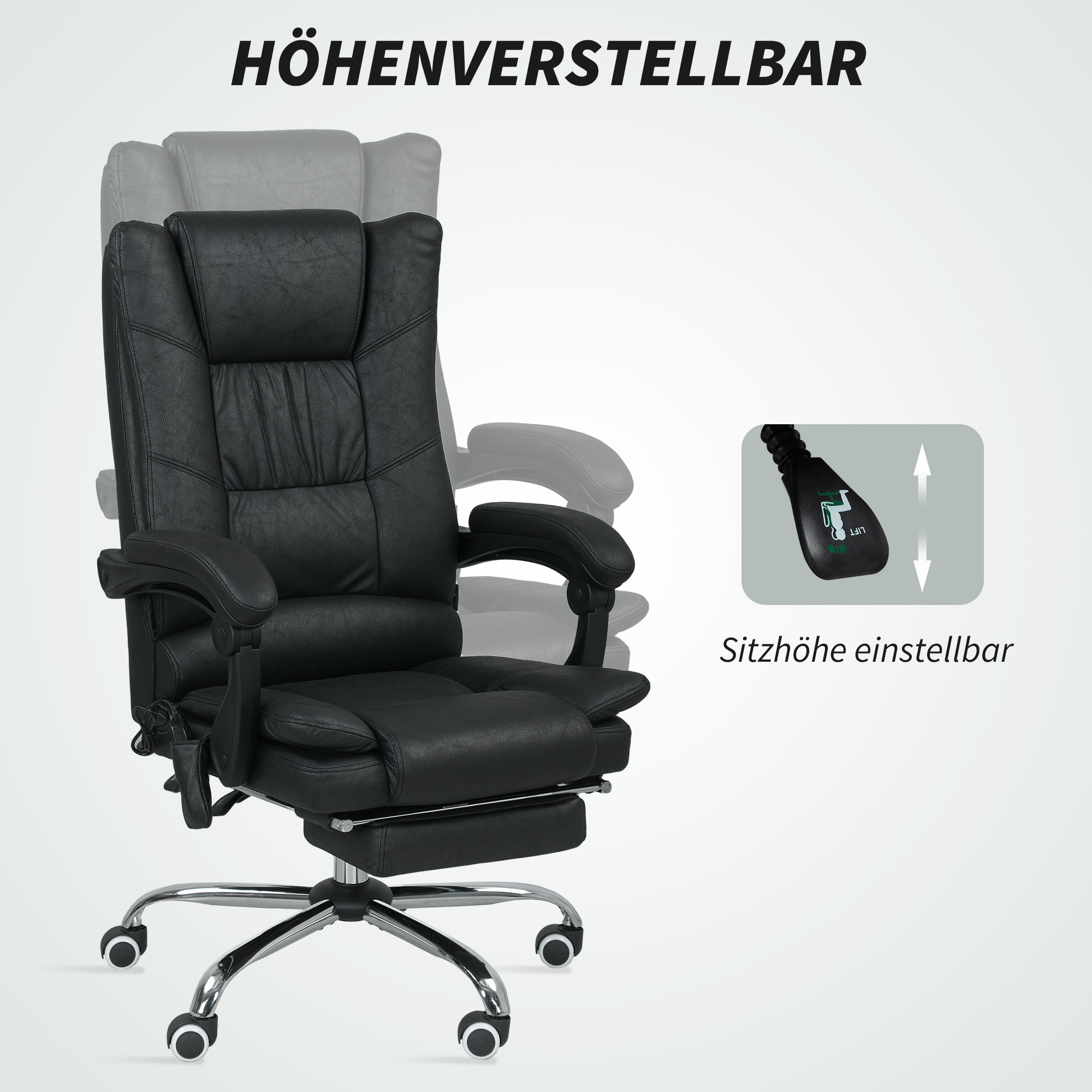 Vinsetto Massagestoel Bureau met Massagefunctie, incl. Voetensteun, Verstelbaar, 64 cm x 70 cm x 118 cm, Zwart