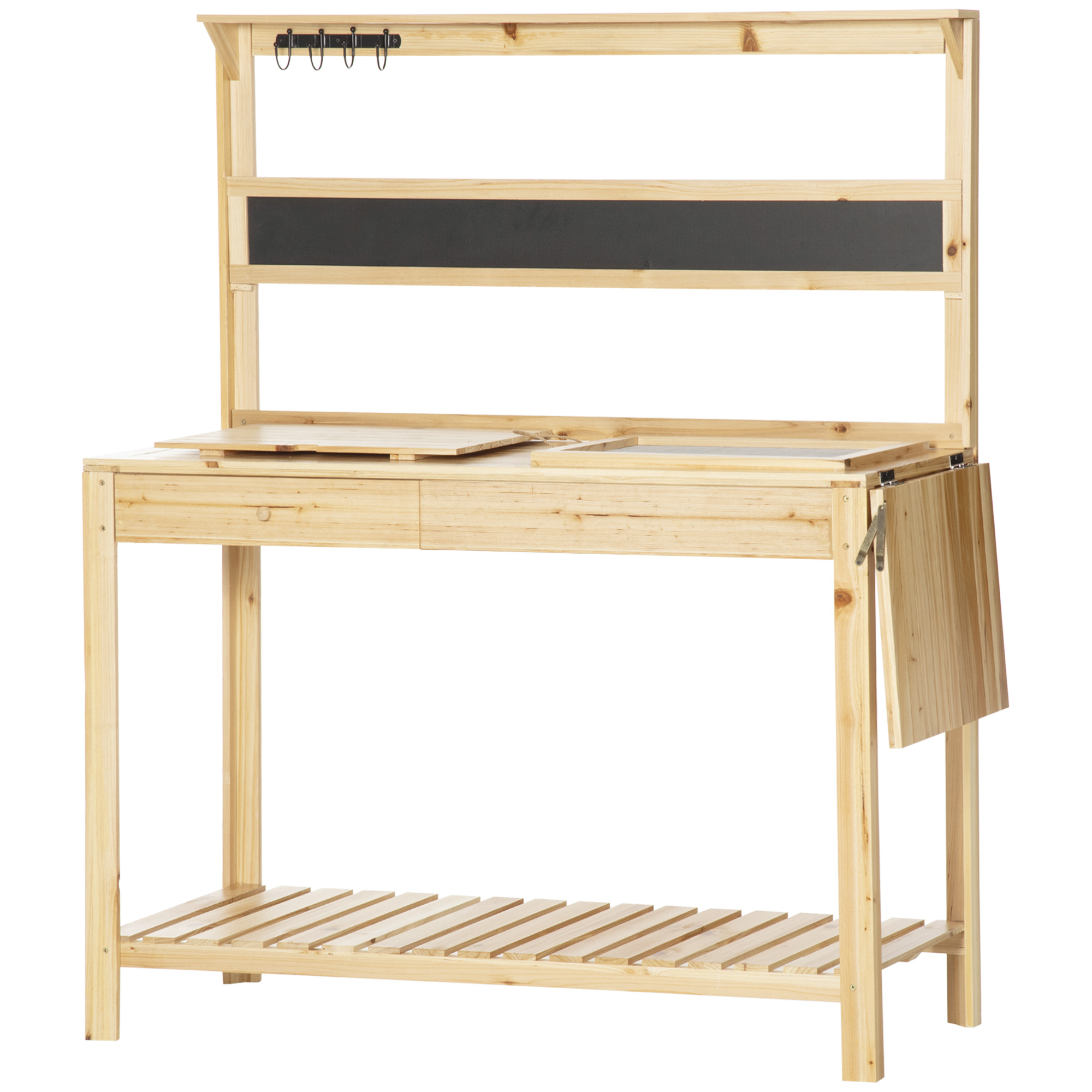 Outsunny plantentafel tuintafel met 8 haken ladeplank bloementafel van hout voor tuinterras naturel 151 x 45,5 x 143 cm