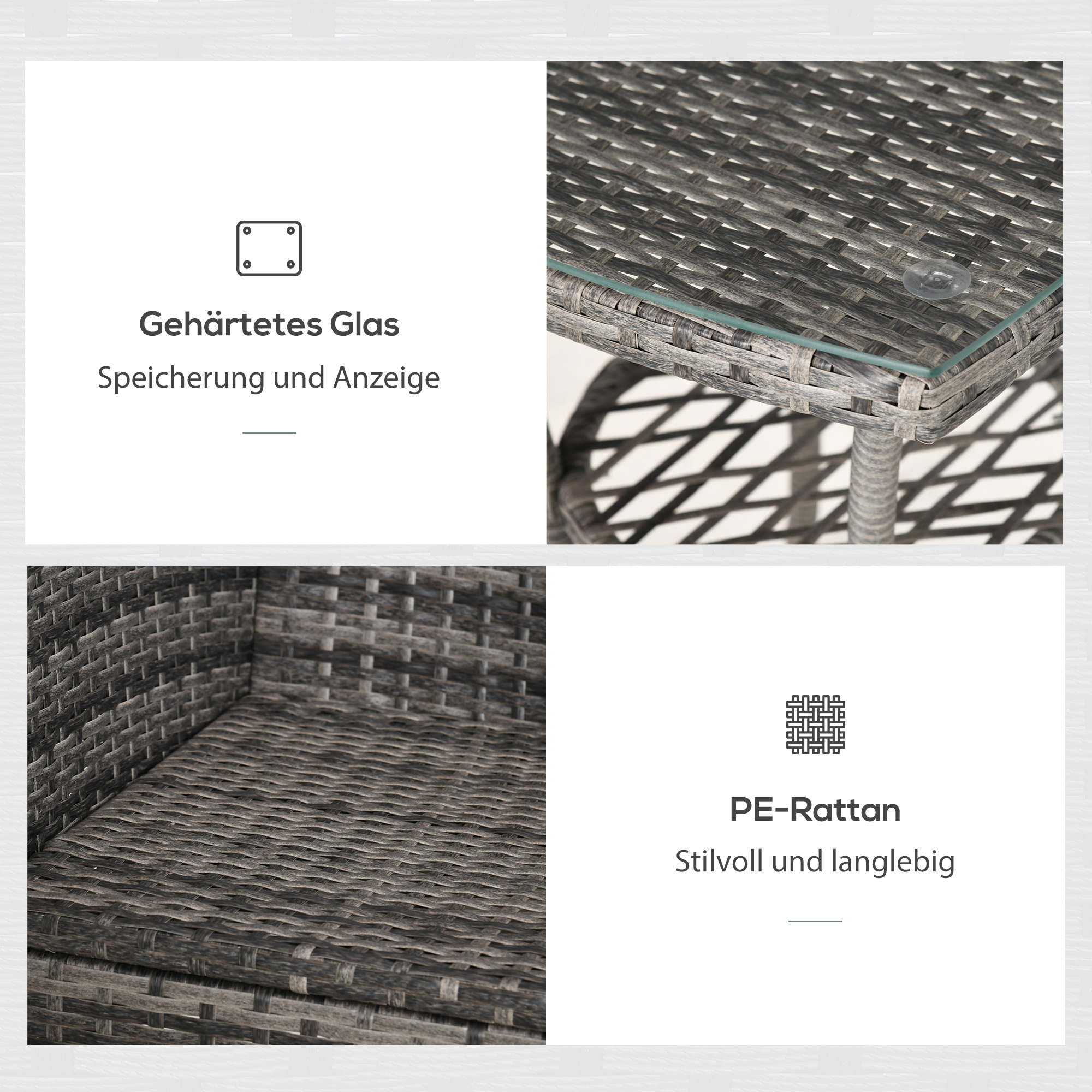 Outsunny 3-delige zitgroep in rotanlook met zitkussens, metaal+polyrattan+polyester, donkergrijs