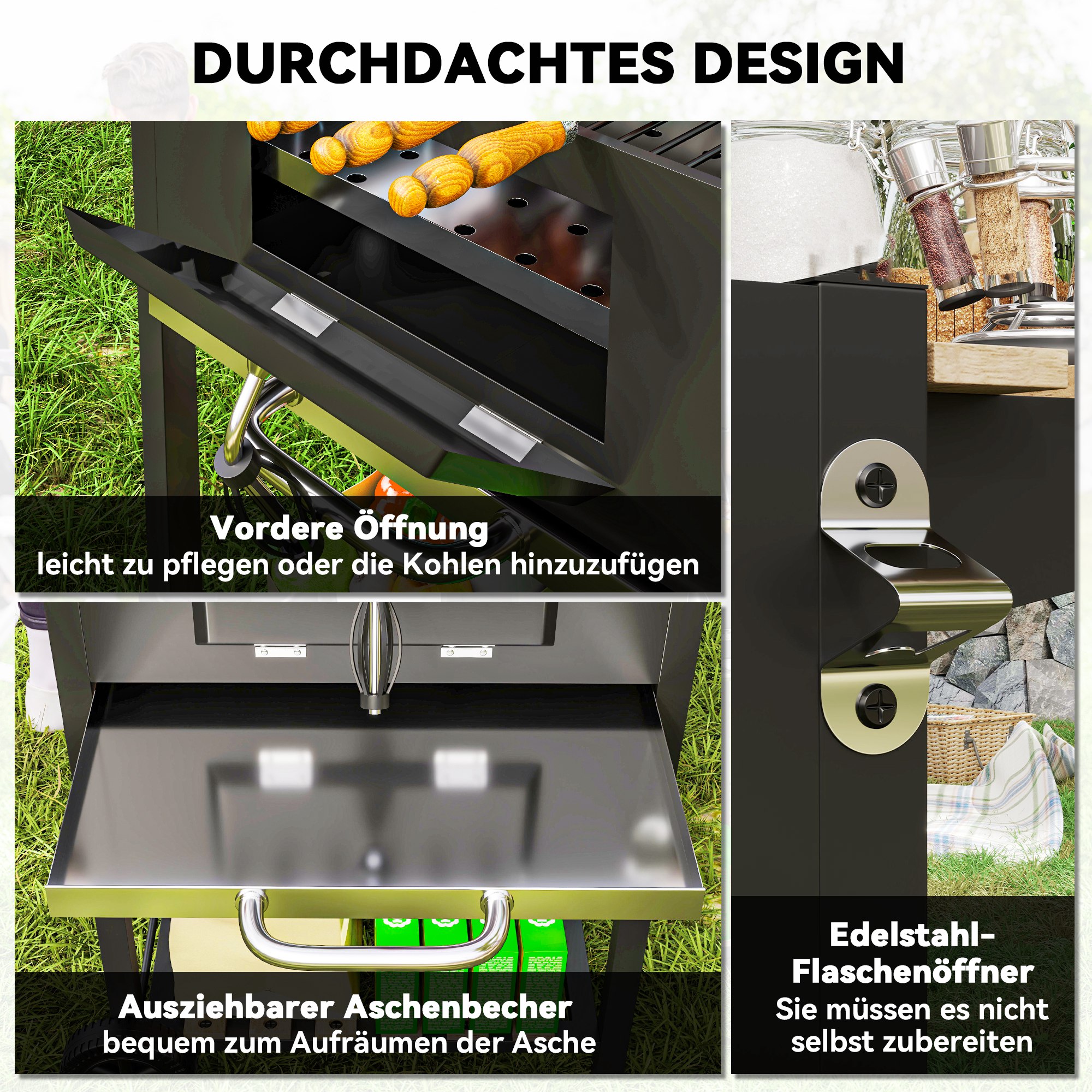 Outsunny Houtskoolgrill met verstelbare kolenbak, grillwagen, planken, thermometer, flesopener, staal, hout, zwart