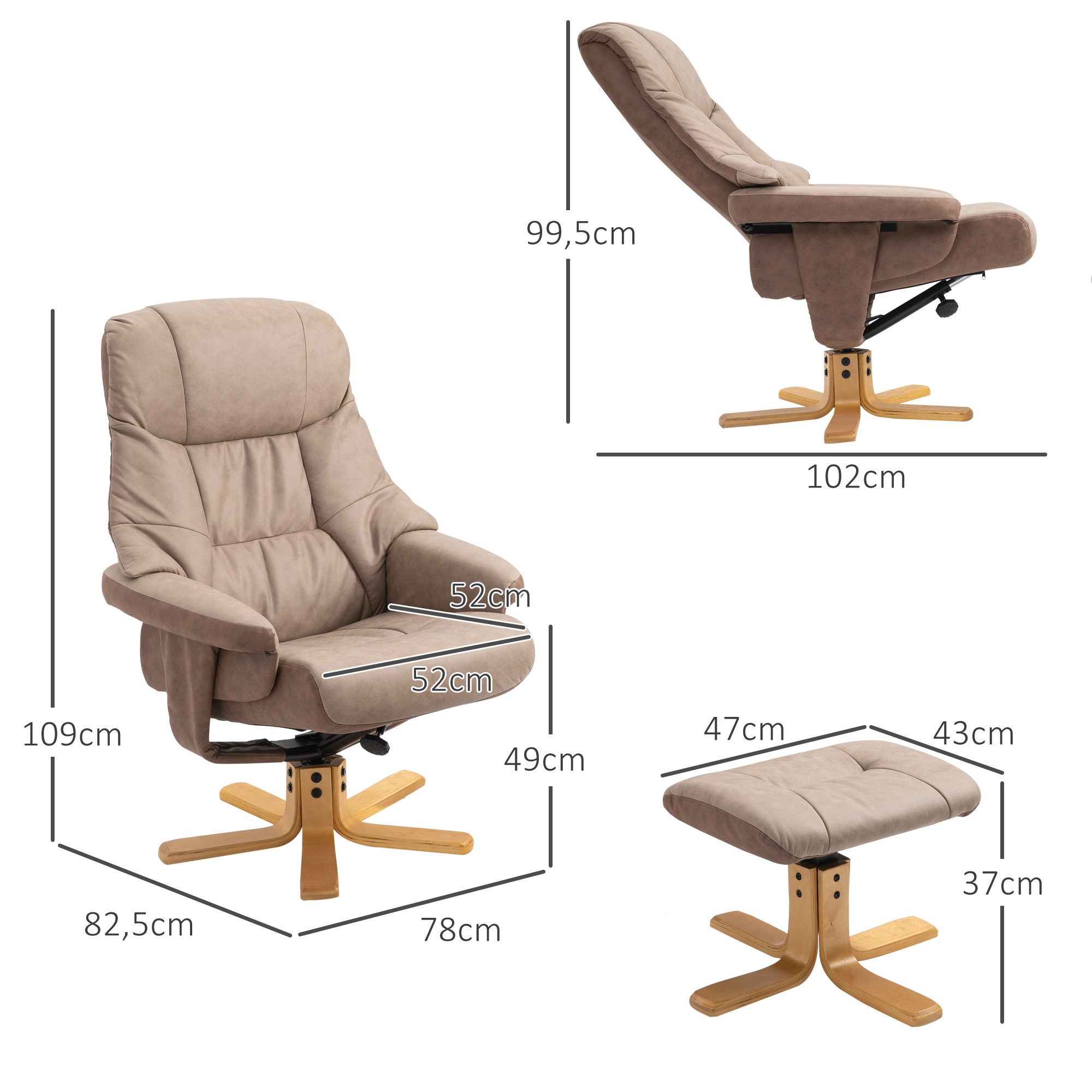HOMCOM Relaxstoel met voetenbank, 360° draaibaar, 135° kantelbaar, ademende bekleding, 78 x 82,5 x 109 cm, bruin