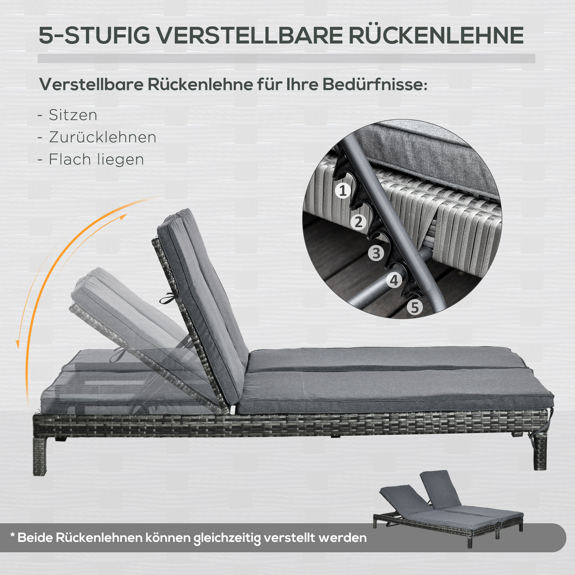 Outsunny ligbank voor buiten dubbele ligstoel relax ligstoel voor 2 personen 5 standen metaal PE-rotan grijs