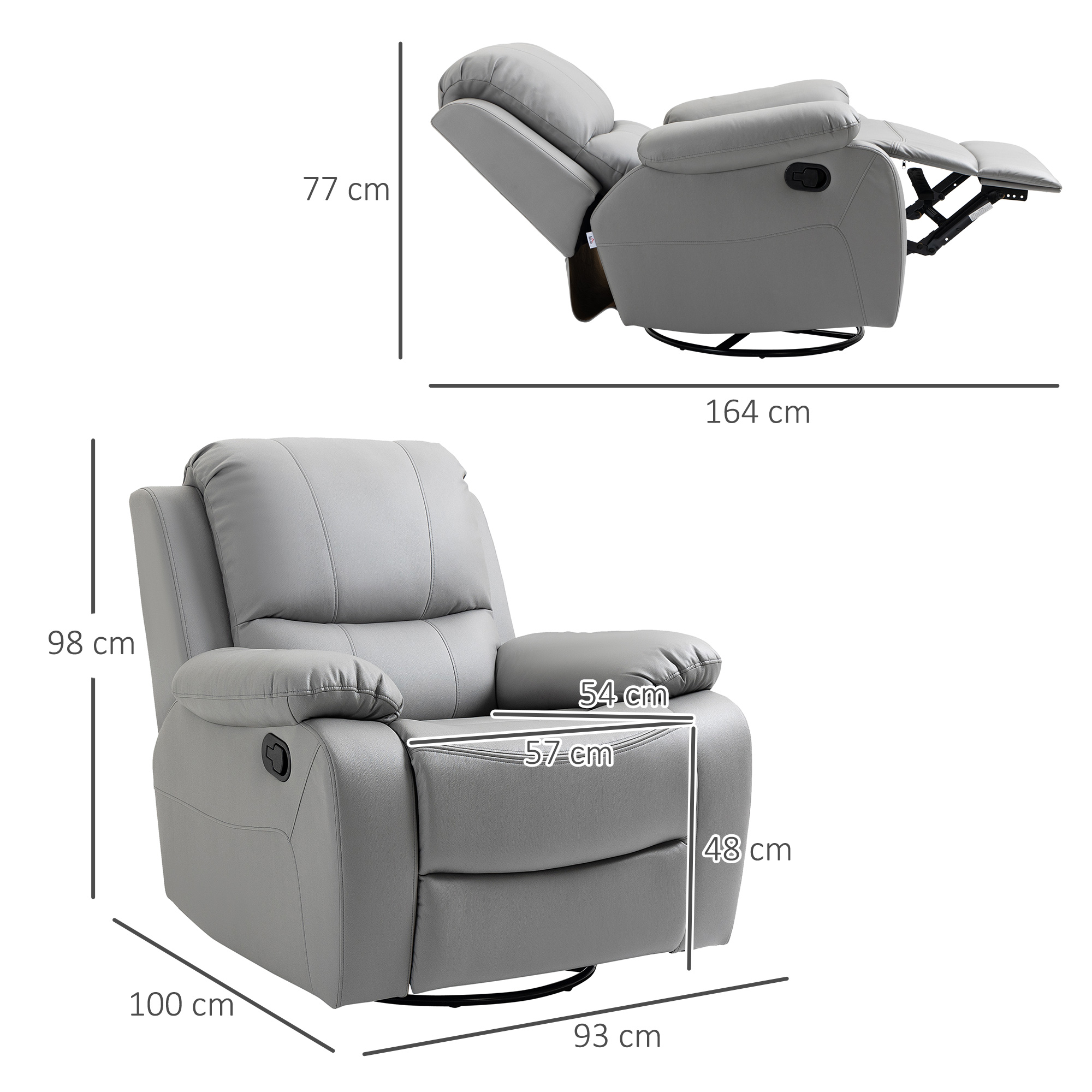 HOMCOM relaxfauteuil, verstelbare rugleuning, draaibaar, tuimelfunctie, met voetsteun, staal, grijs, 93 x 100 x 98 Hcm