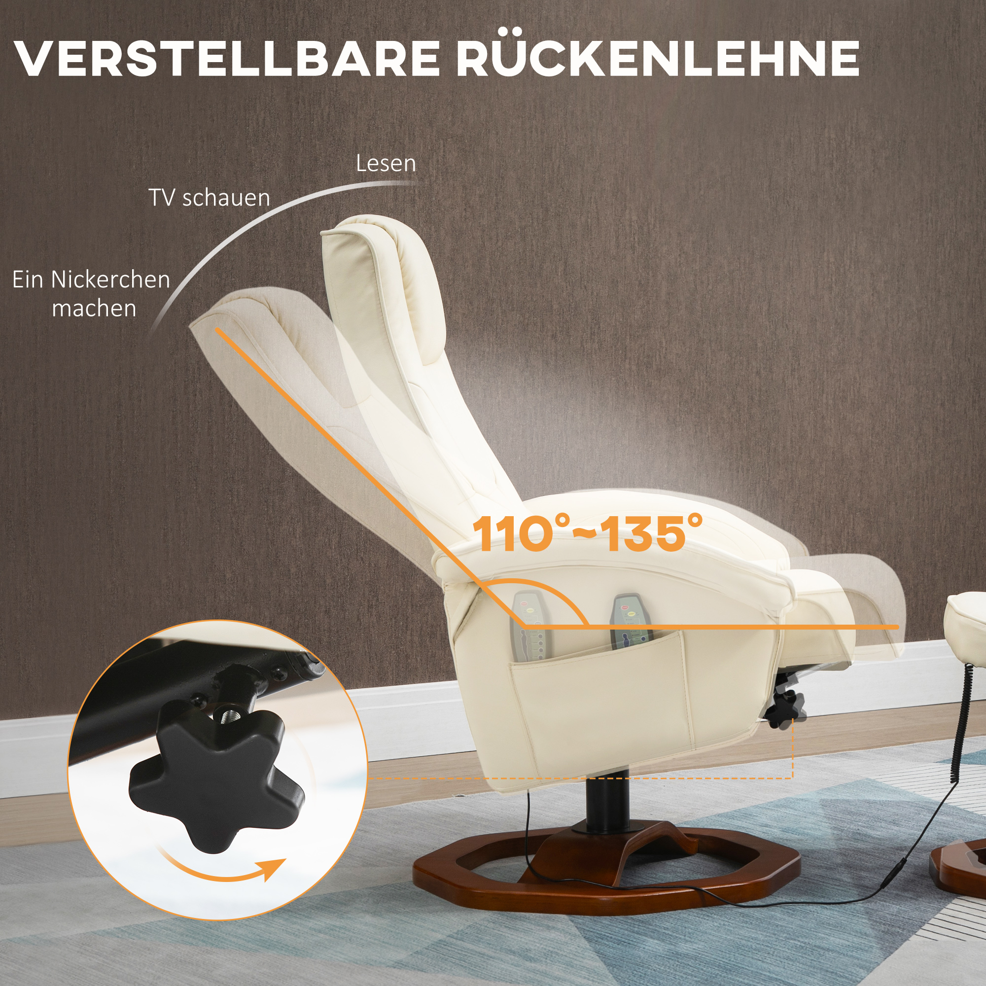 HOMCOM massagestoel, met voetenbank, 10 massagepunten, verstelbare functie, draaibare zitting, roomwit, 73 x 83 x 106 cm